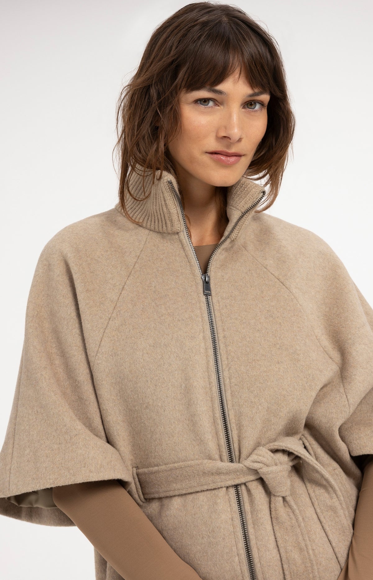 Poncho jacket with rib collar and belt - Pure Cashmere Grey Melange