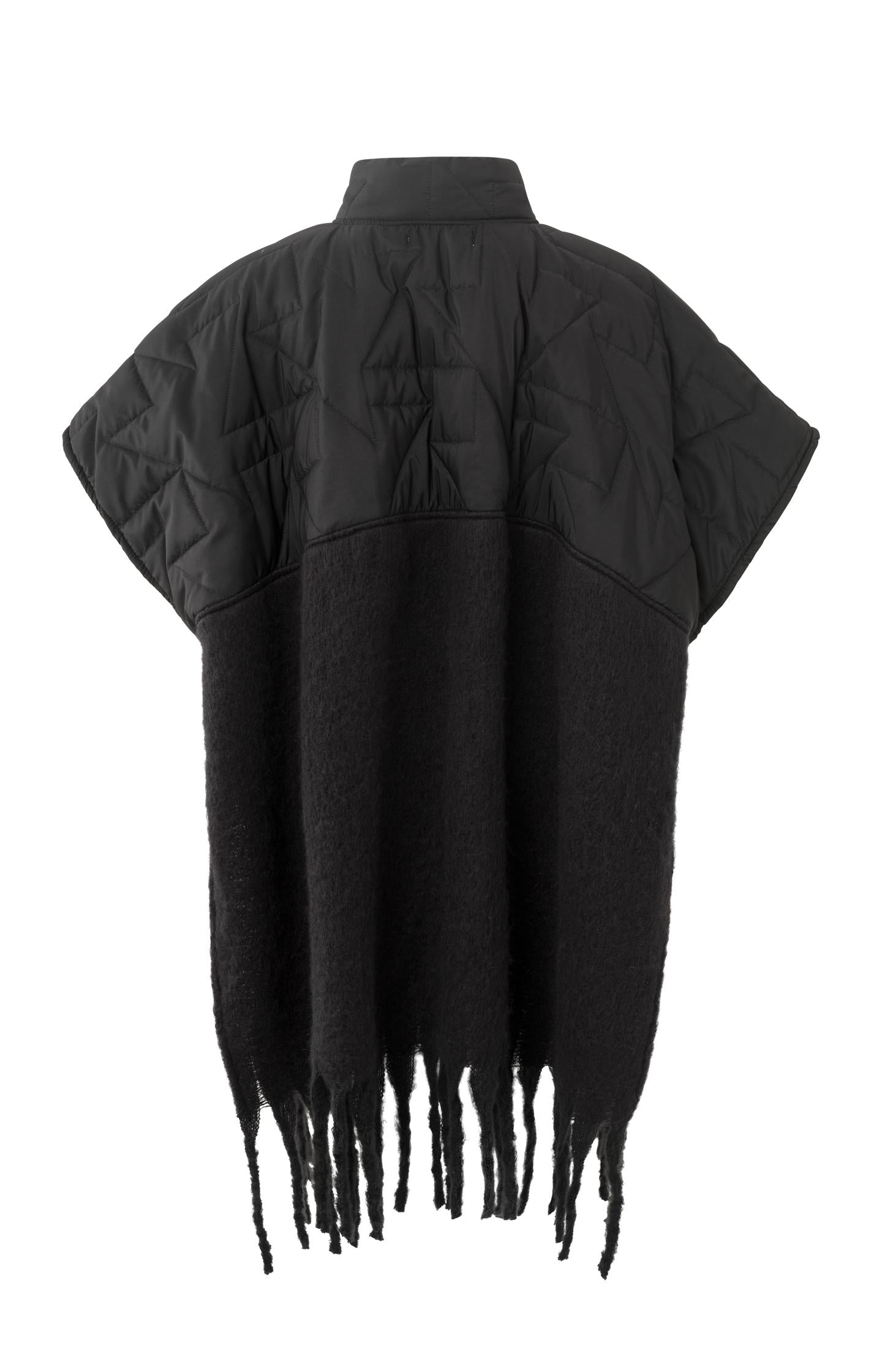 Poncho with zipper, tassels and quilted top - Black