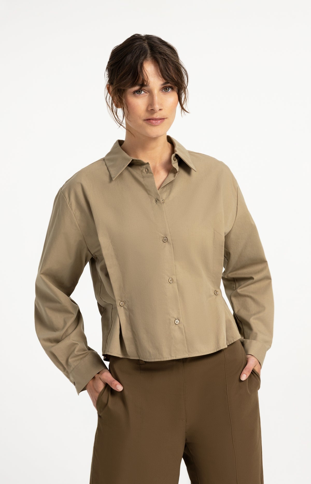 Poplin blouse with adjustable waist and long sleeves - Green