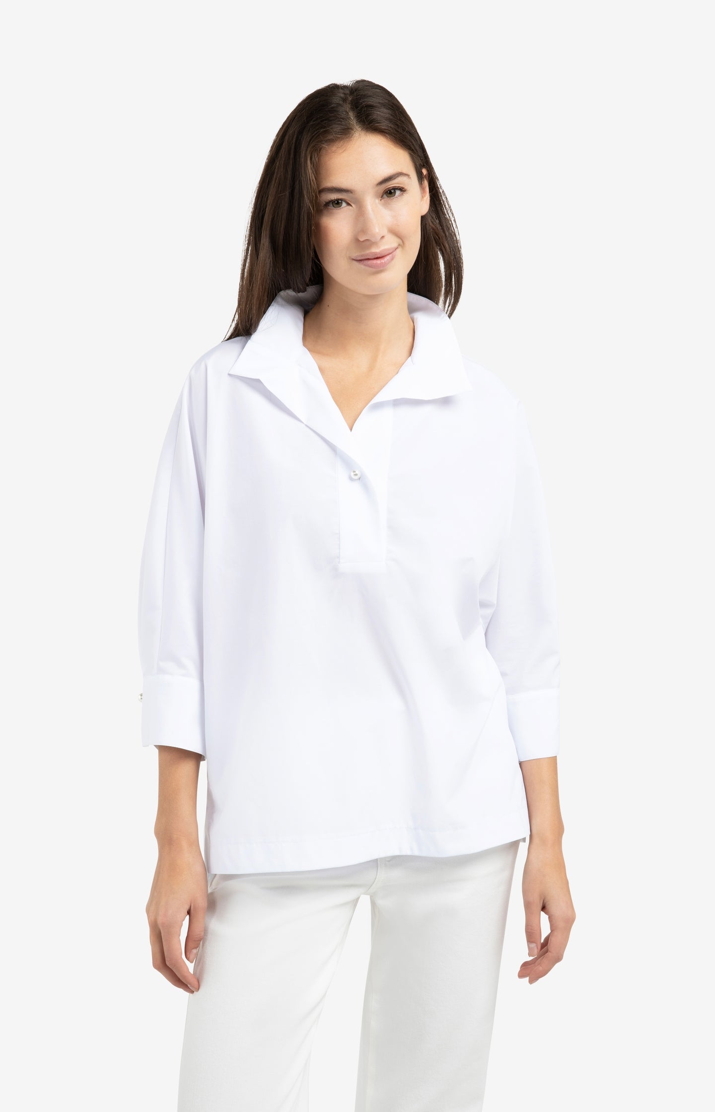Poplin blouse with polo collar and pearl buttons