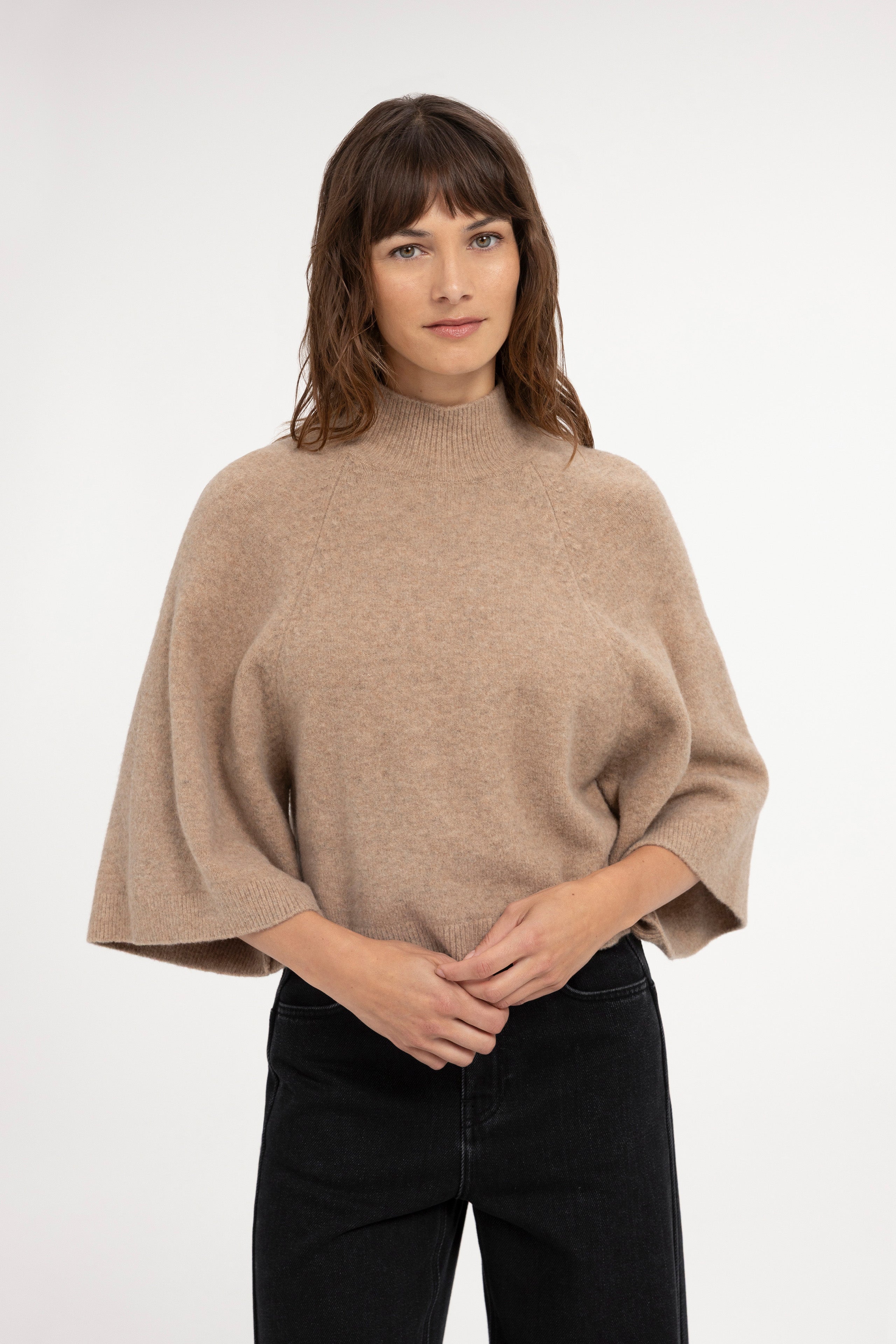 Pullover mit weiten Ärmeln und hohem Kragen - Dark Beige Melange