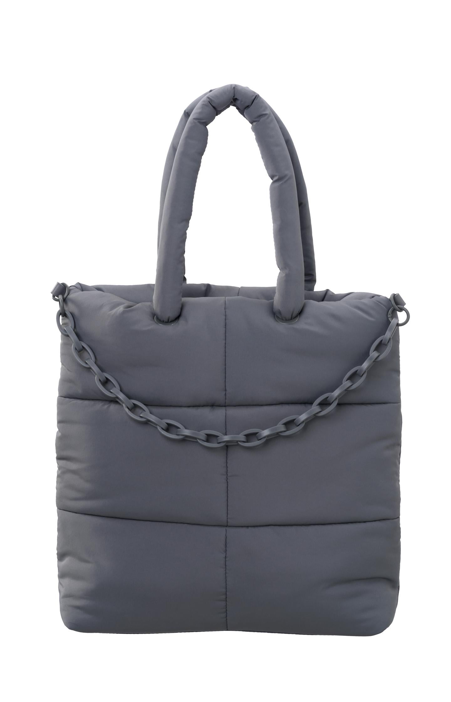 Puffer bag with chain, magnetic closure and side compartment