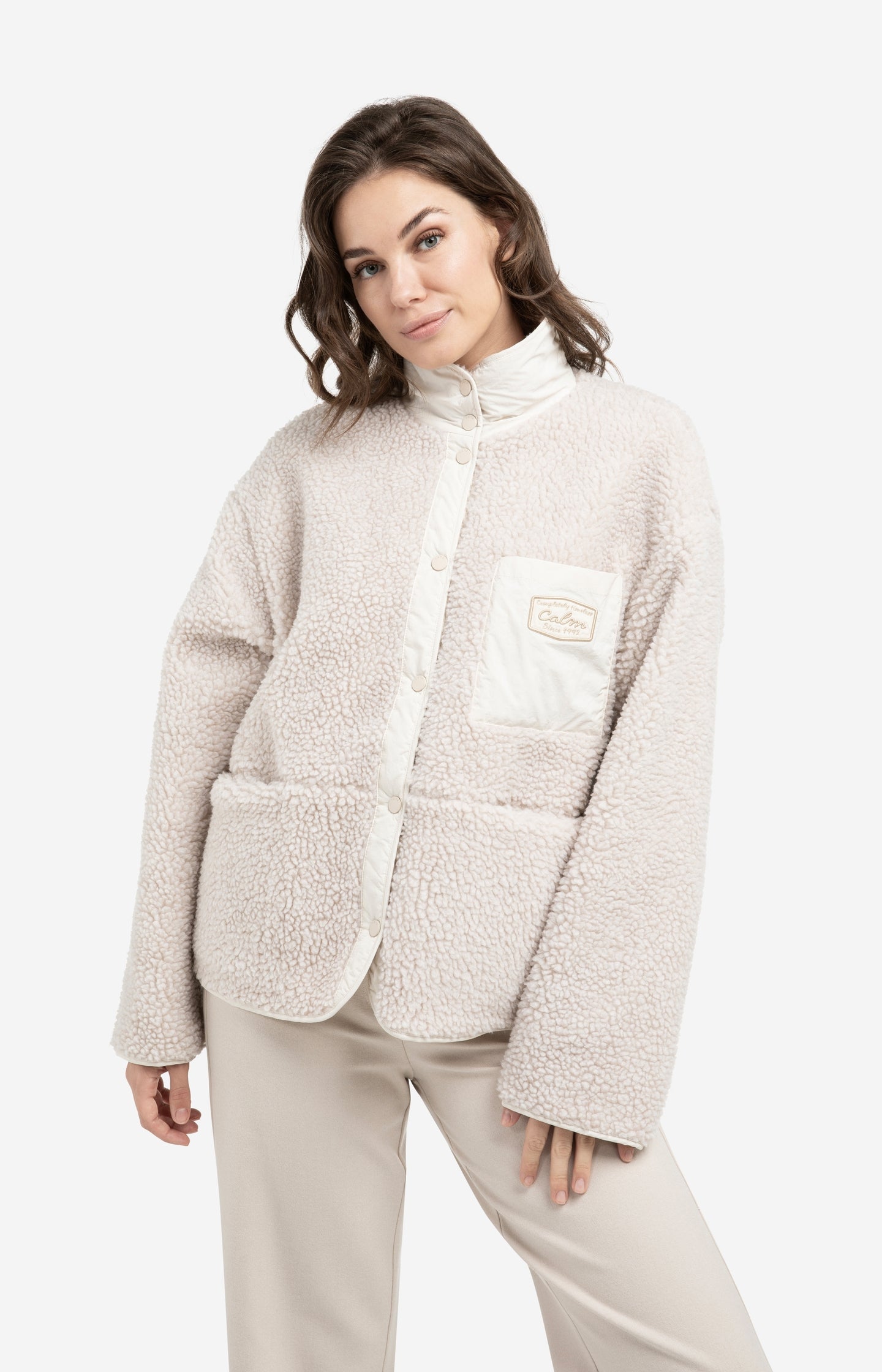Reversible teddy jacket with nylon chest pocket