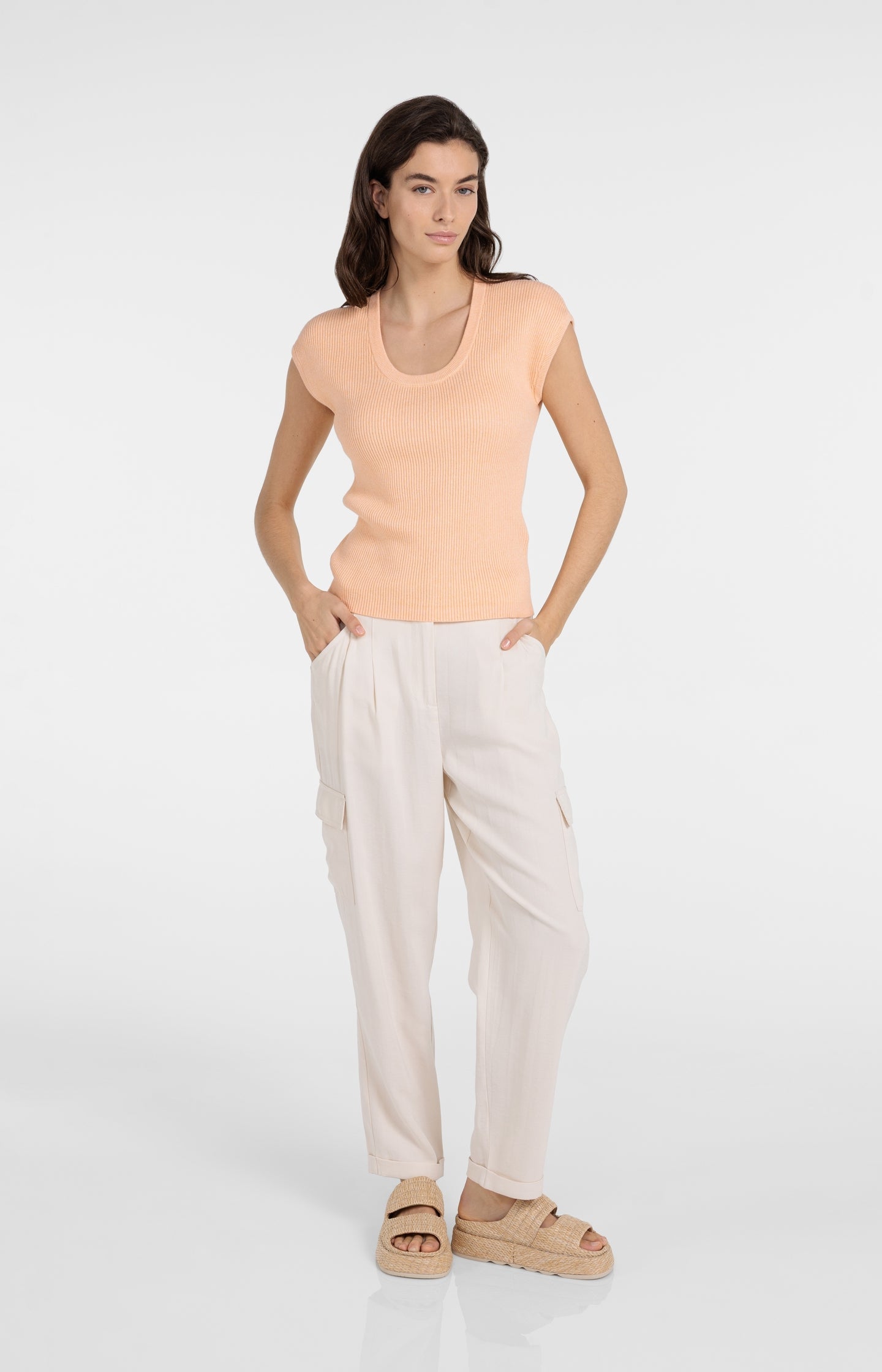 Ribbed knit top with deep round neckline