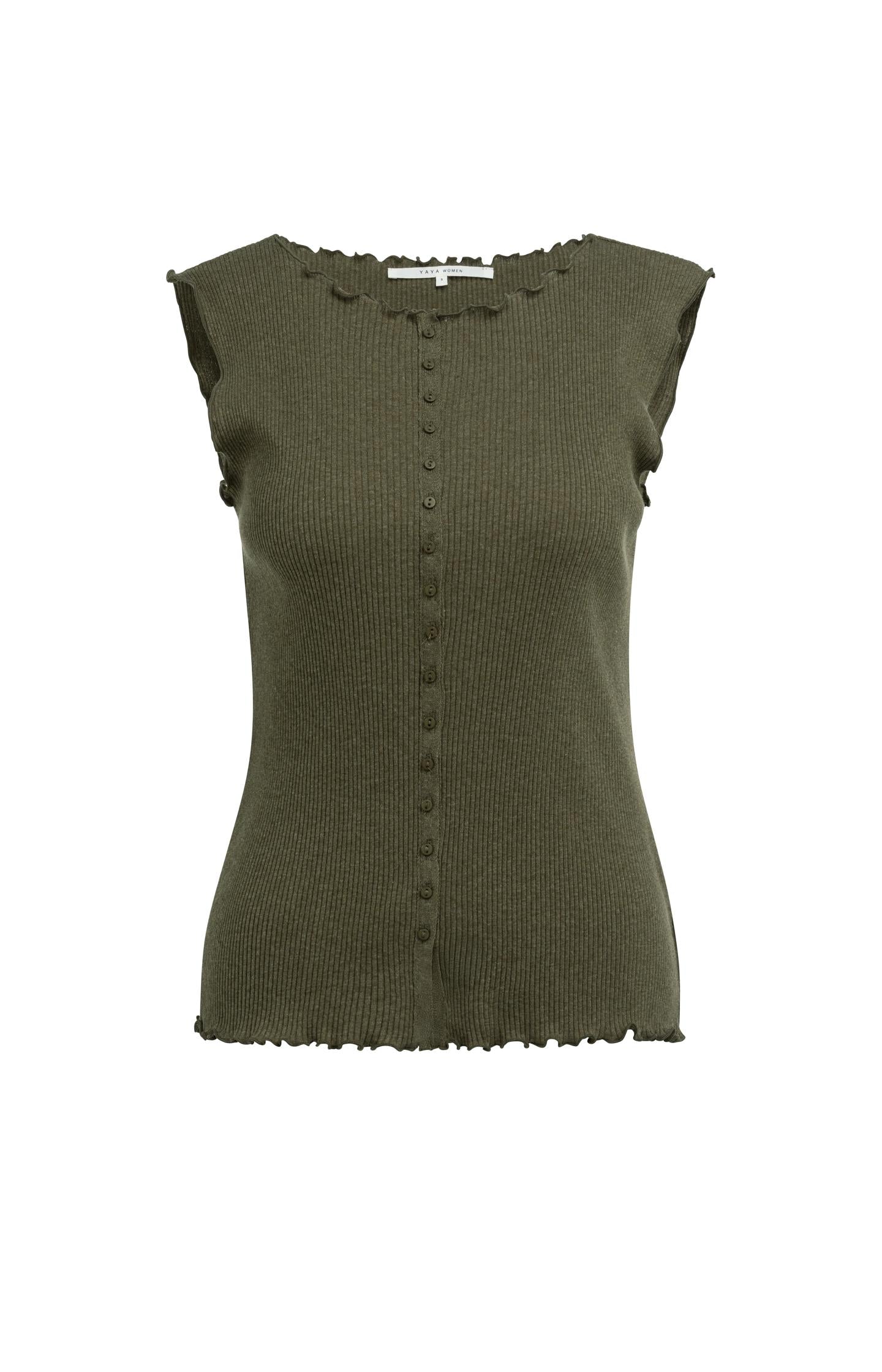 Ribbed sleeveless top with ruffled edges
