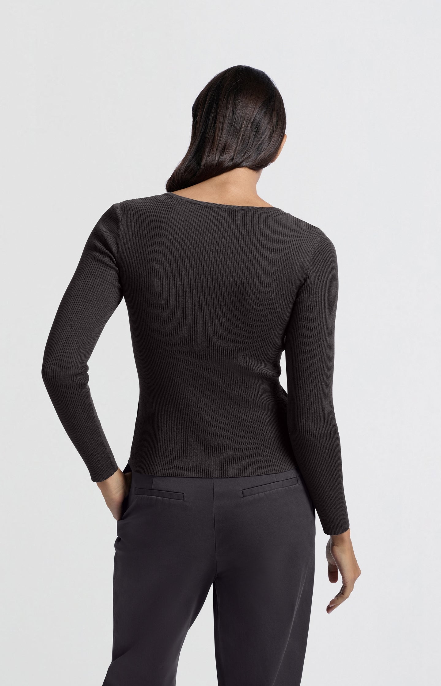 Ribbed top with button placket and faux-layered look