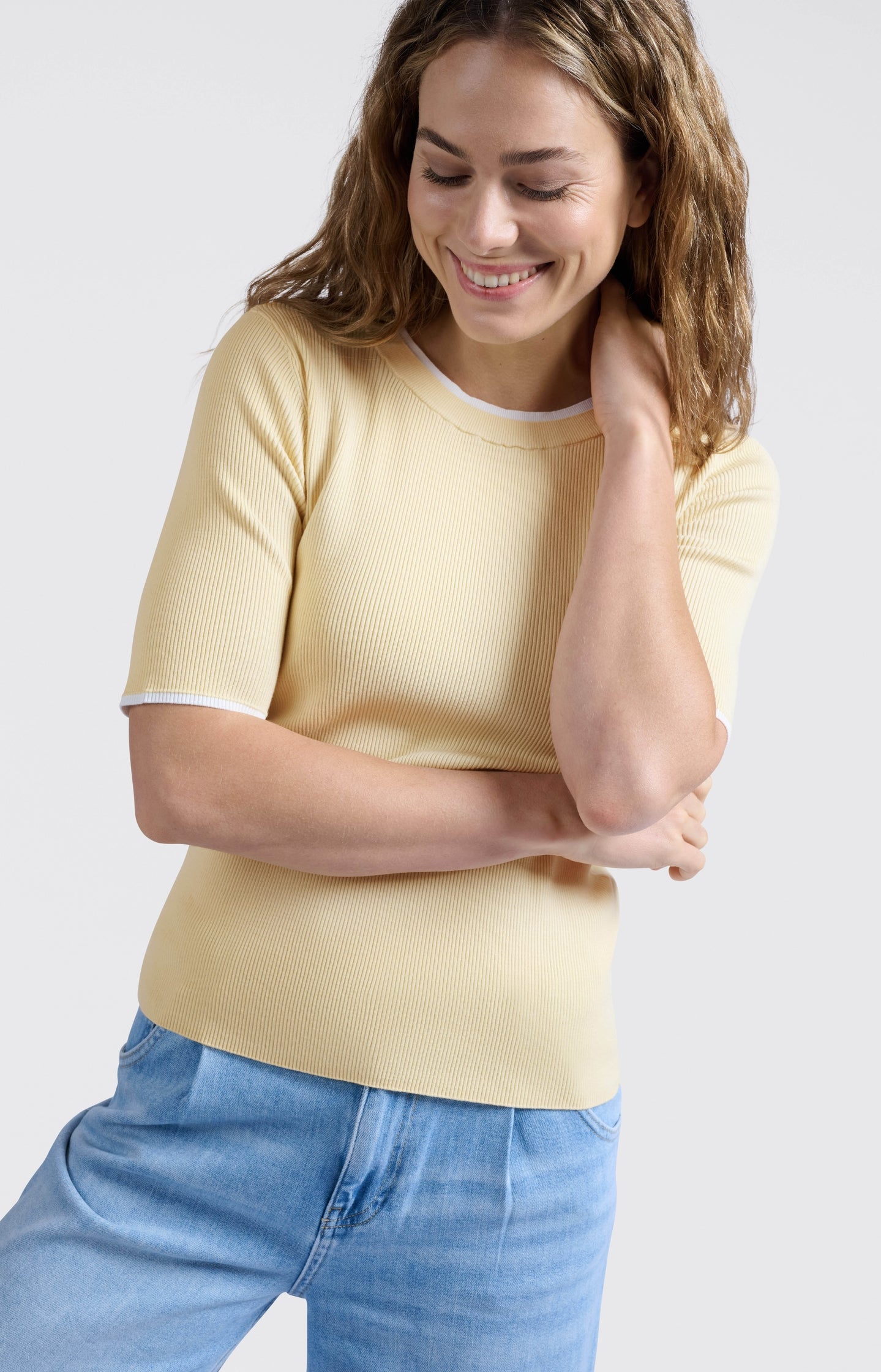 White Half Sleeve Ribbed Top main image 1