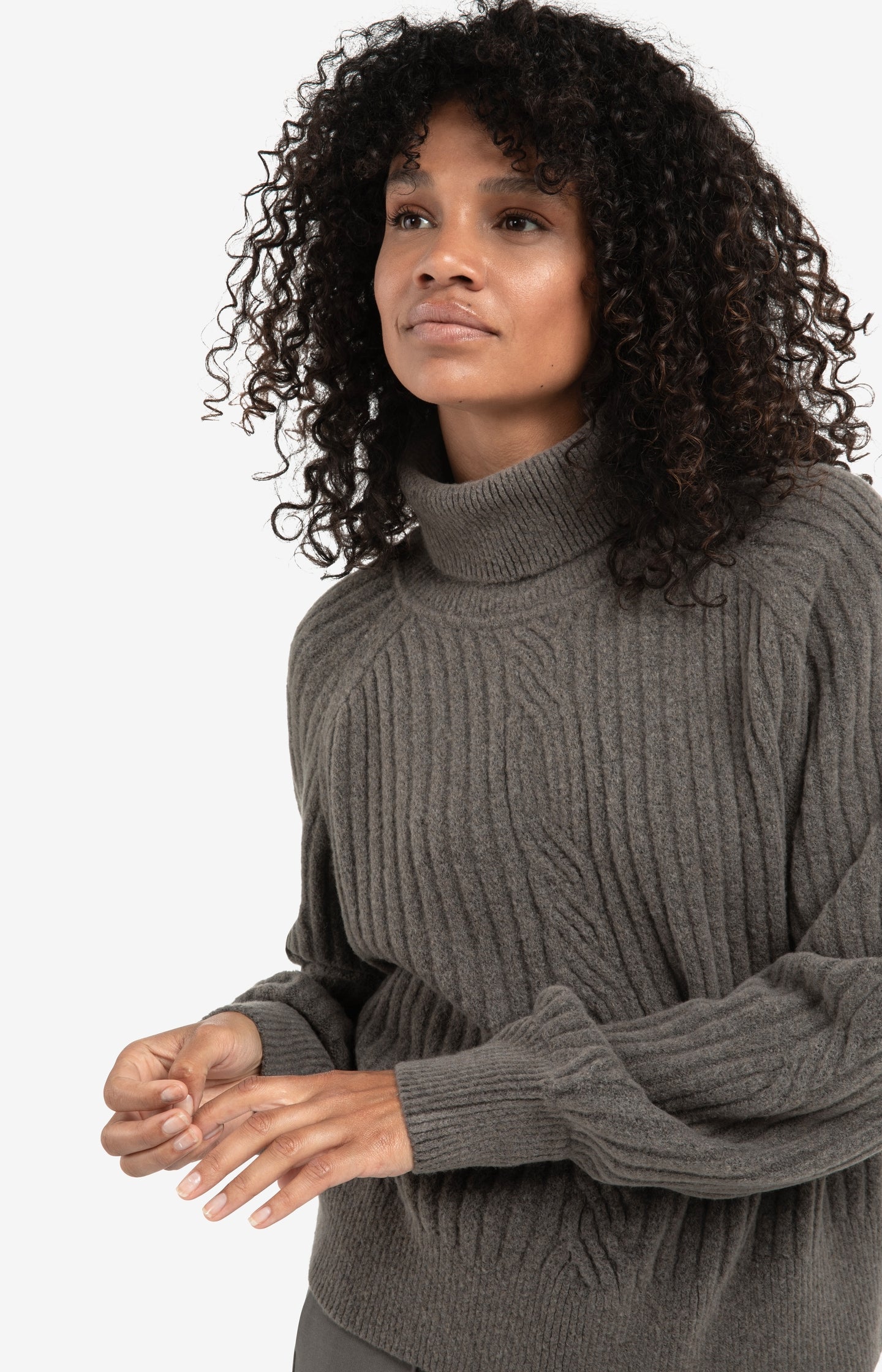 Ribbed turtleneck sweater with cable detail and long sleeves