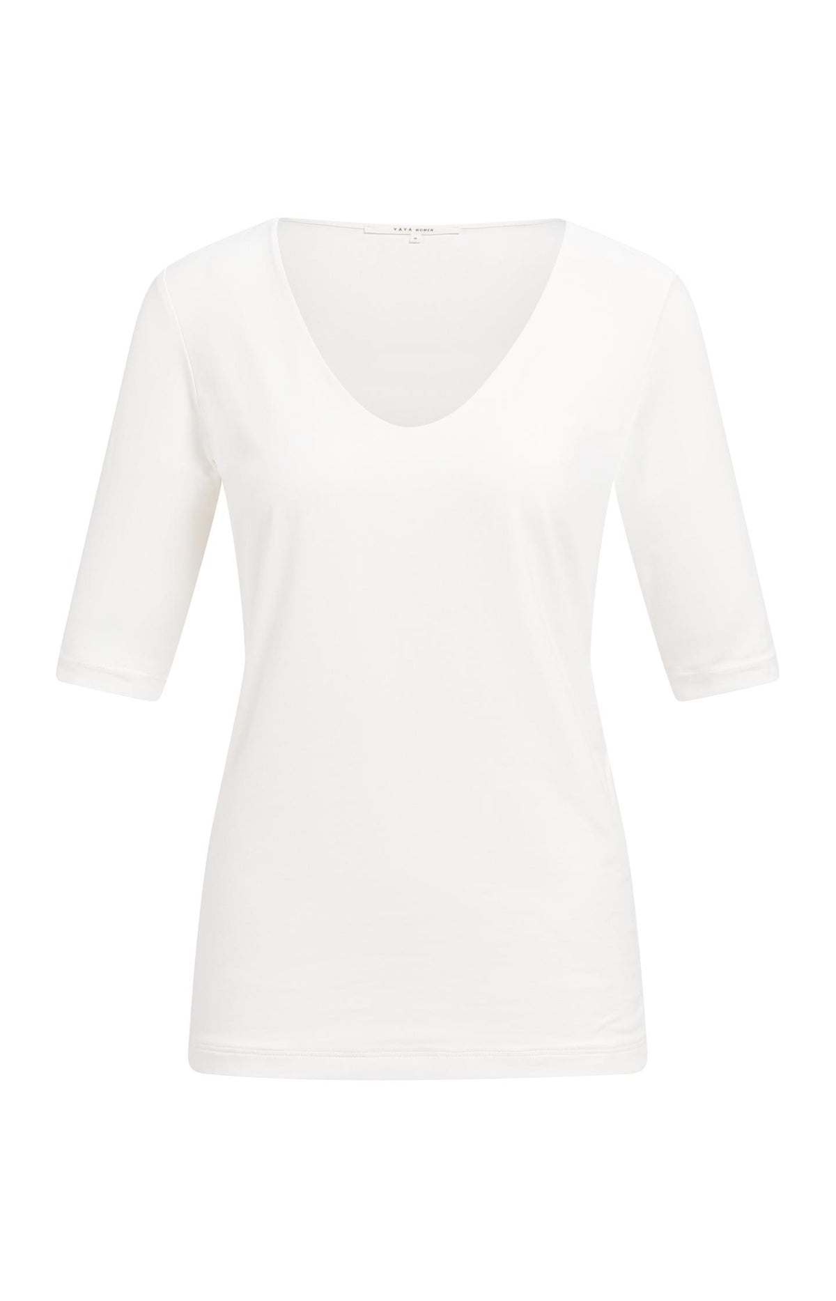 Round V-neck top with half sleeves - White