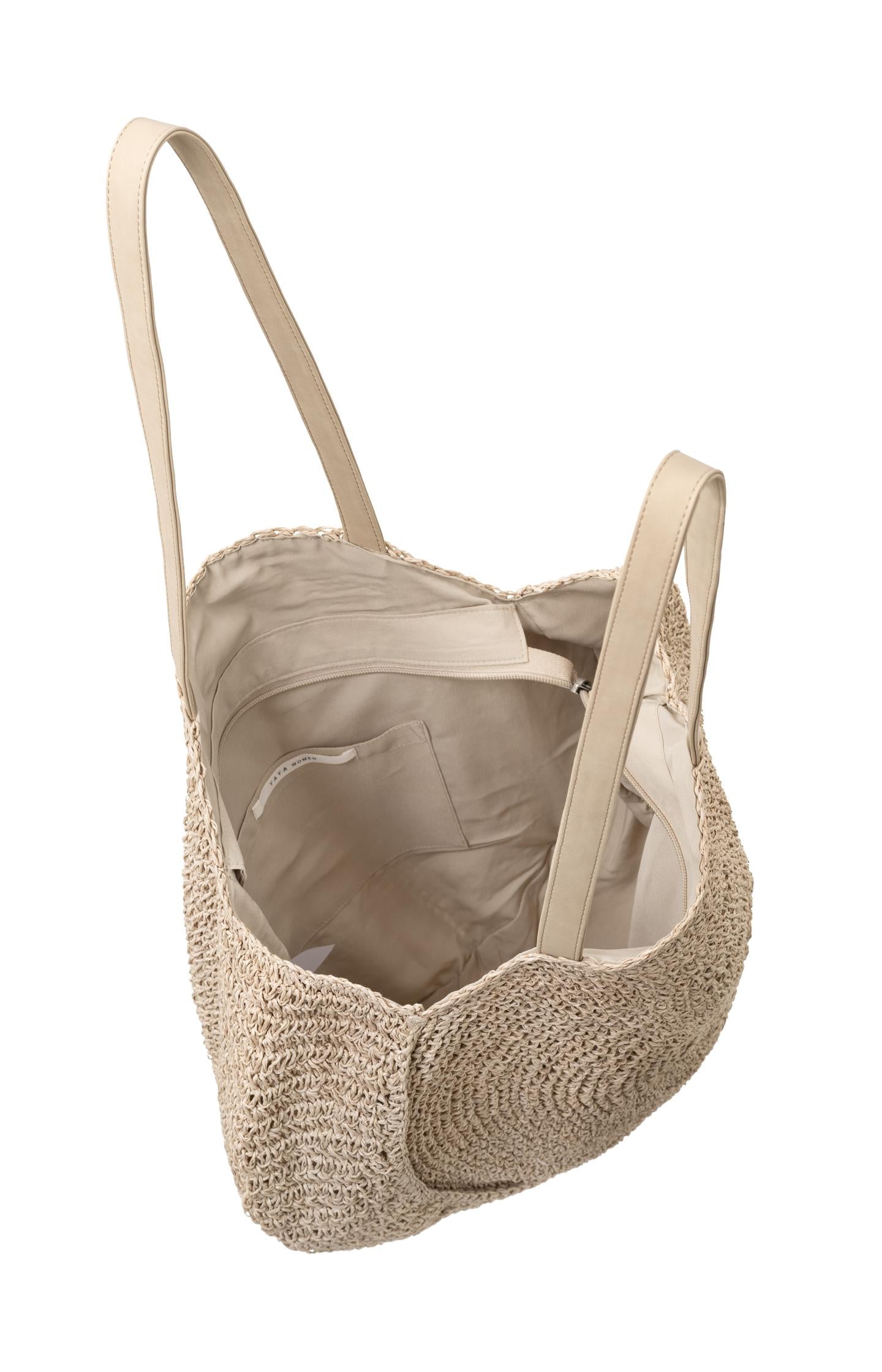 Round woven tote bag with long shoulder straps