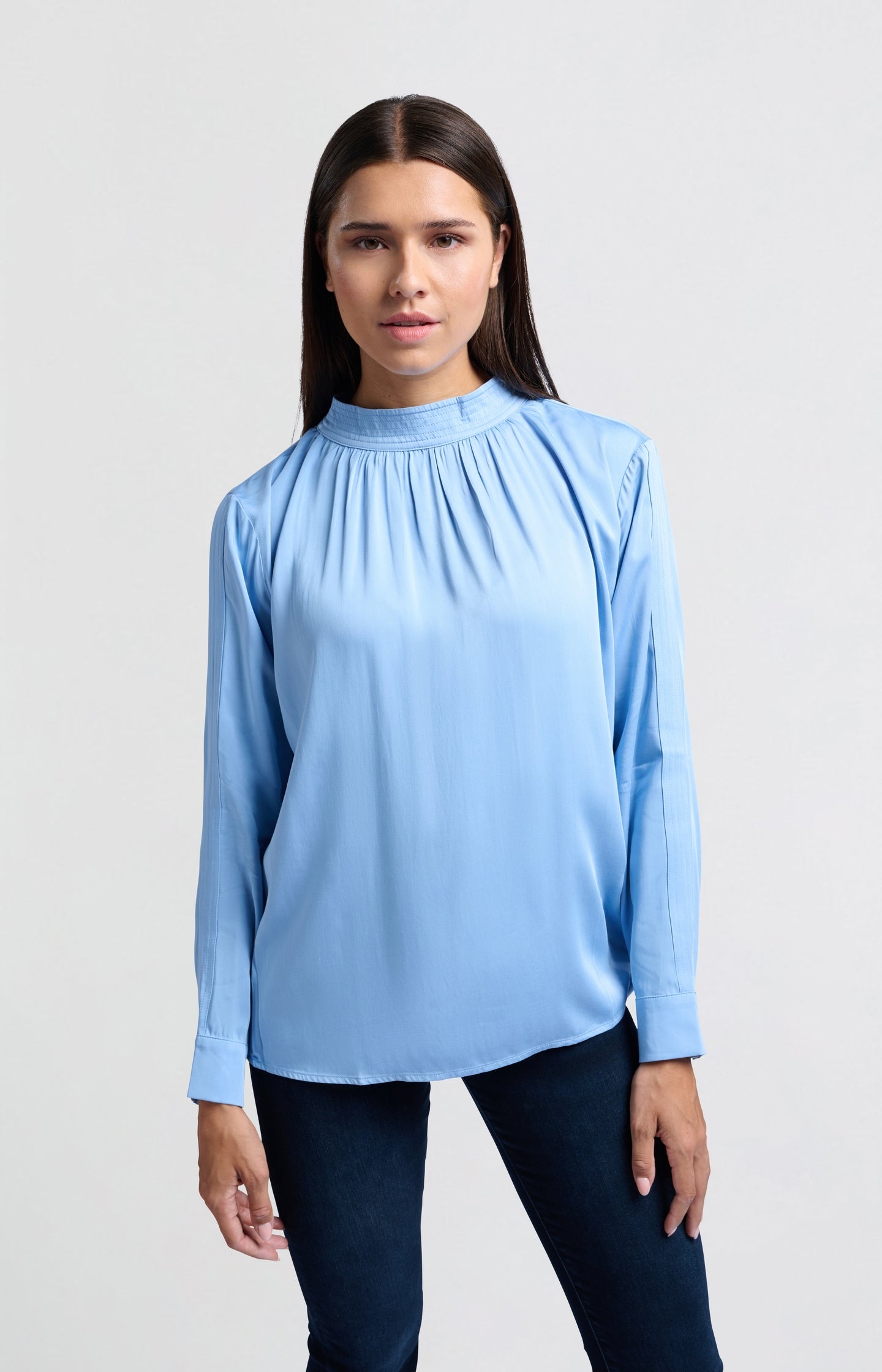 Satin blouse with long sleeves, pleat detail and high neck