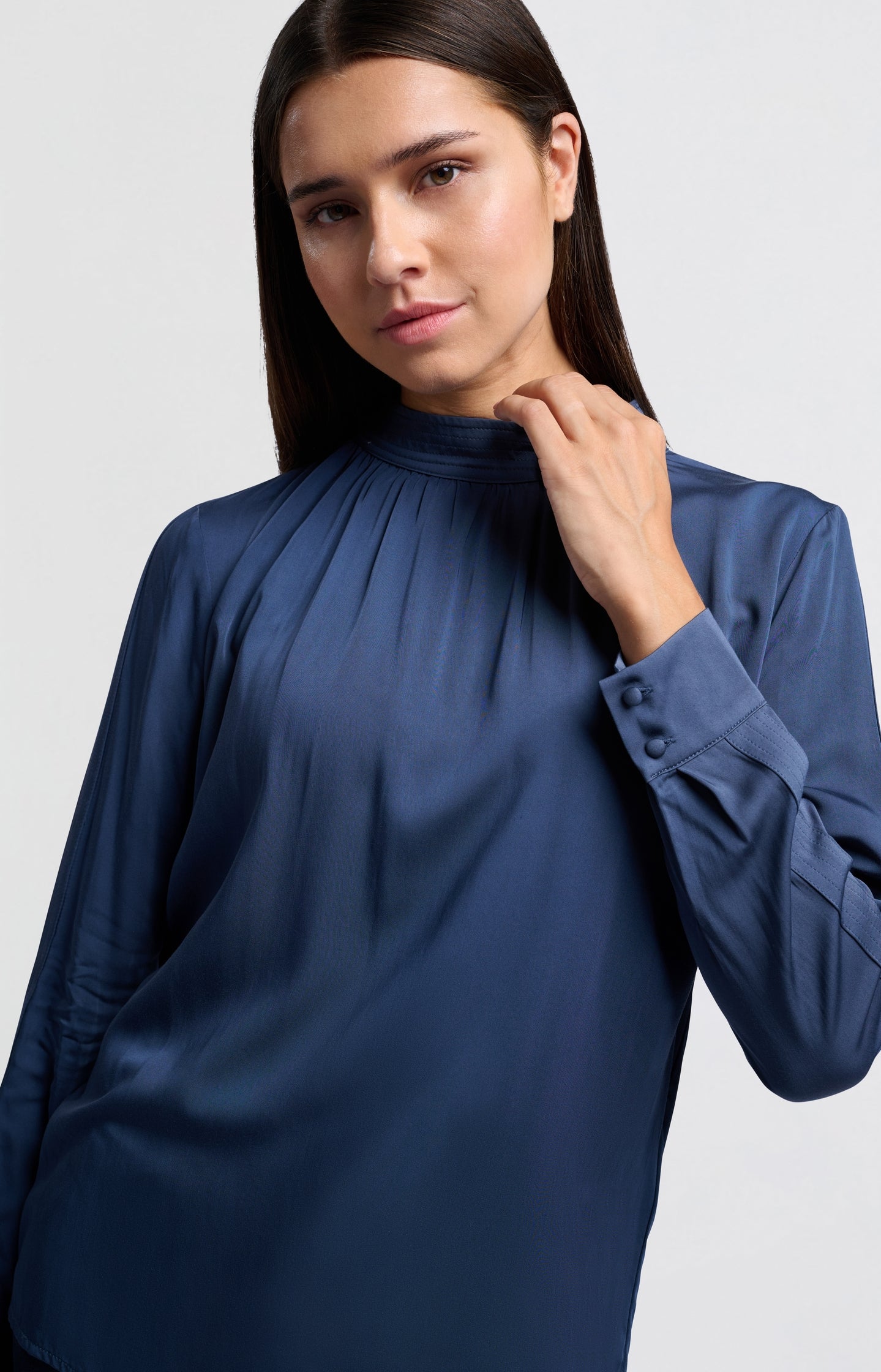 Satin blouse with long sleeves, pleat detail and high neck - Type: lookbook
