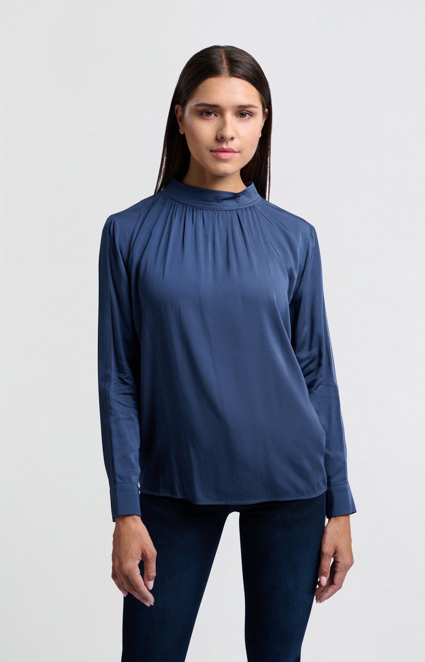 Satin blouse with long sleeves, pleat detail and high neck