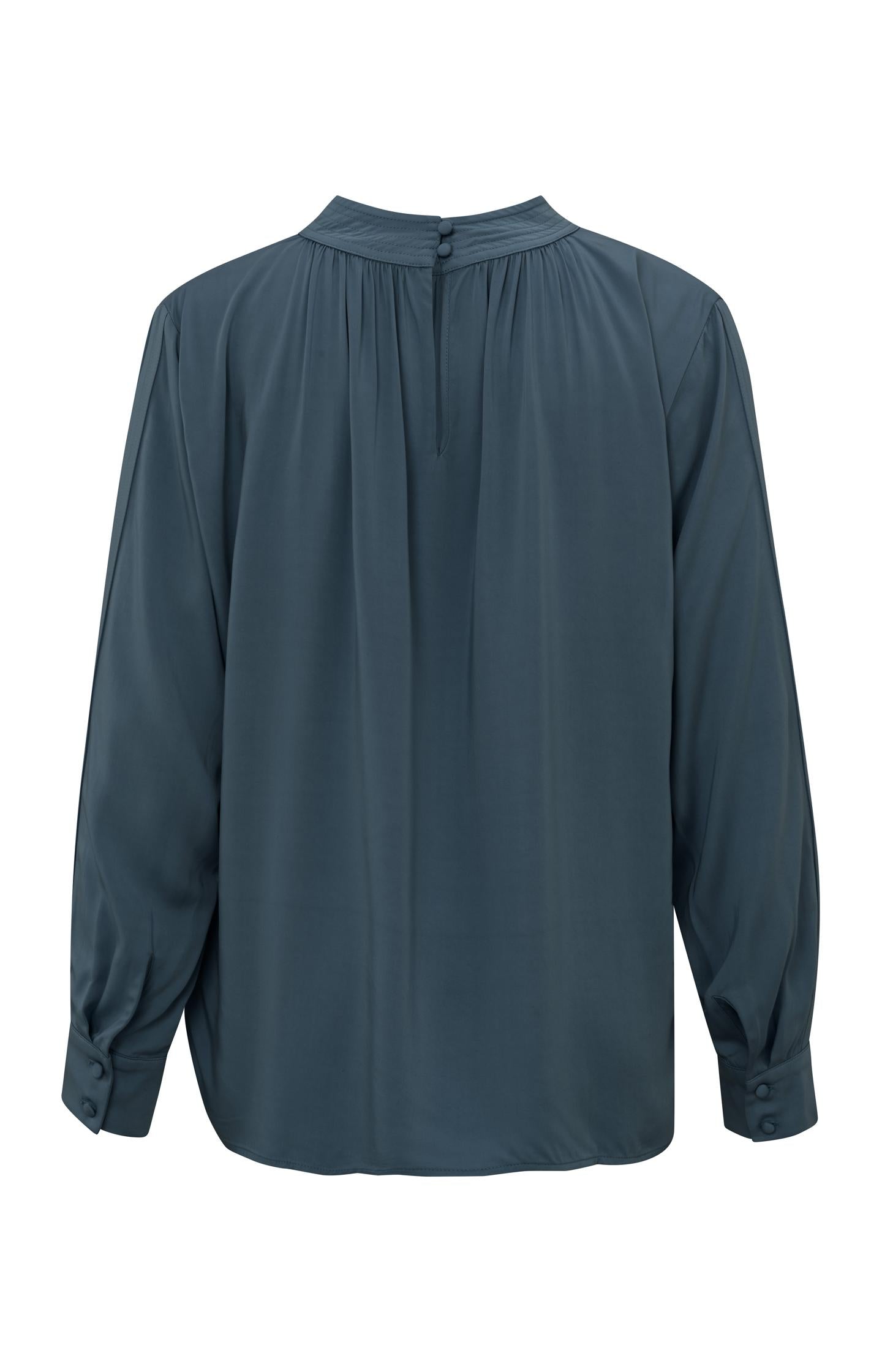 Satin blouse with long sleeves, pleat detail and high neck