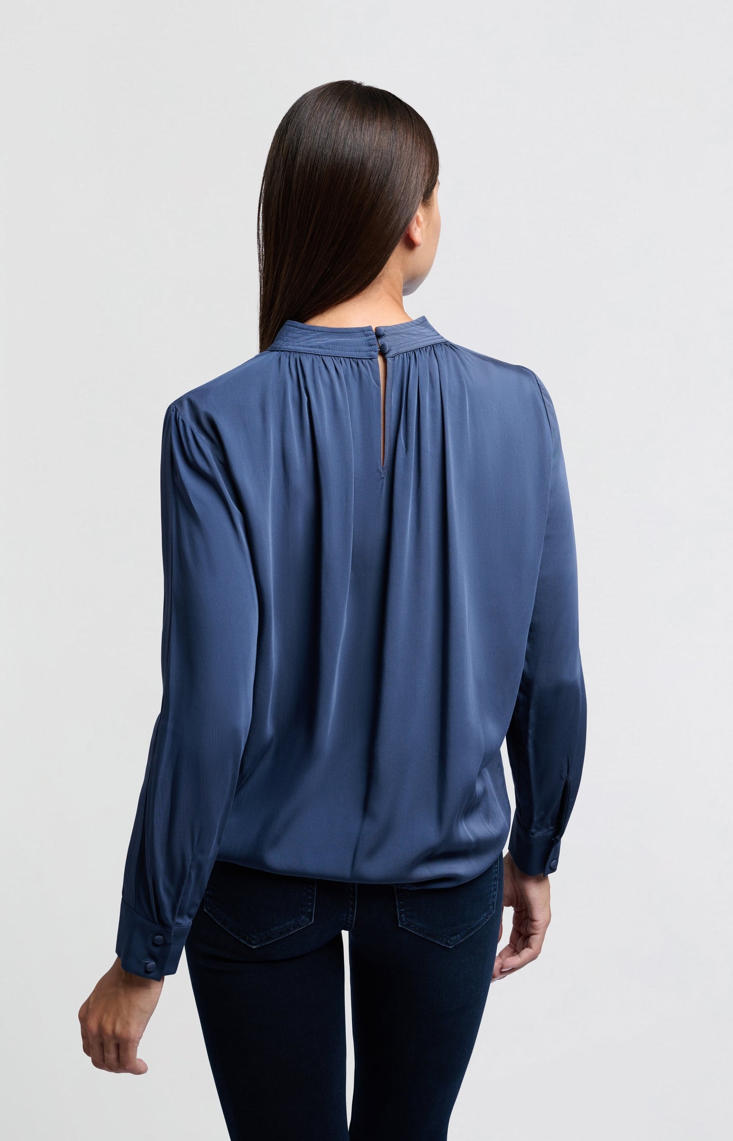 Satin blouse with long sleeves, pleat detail and high neck