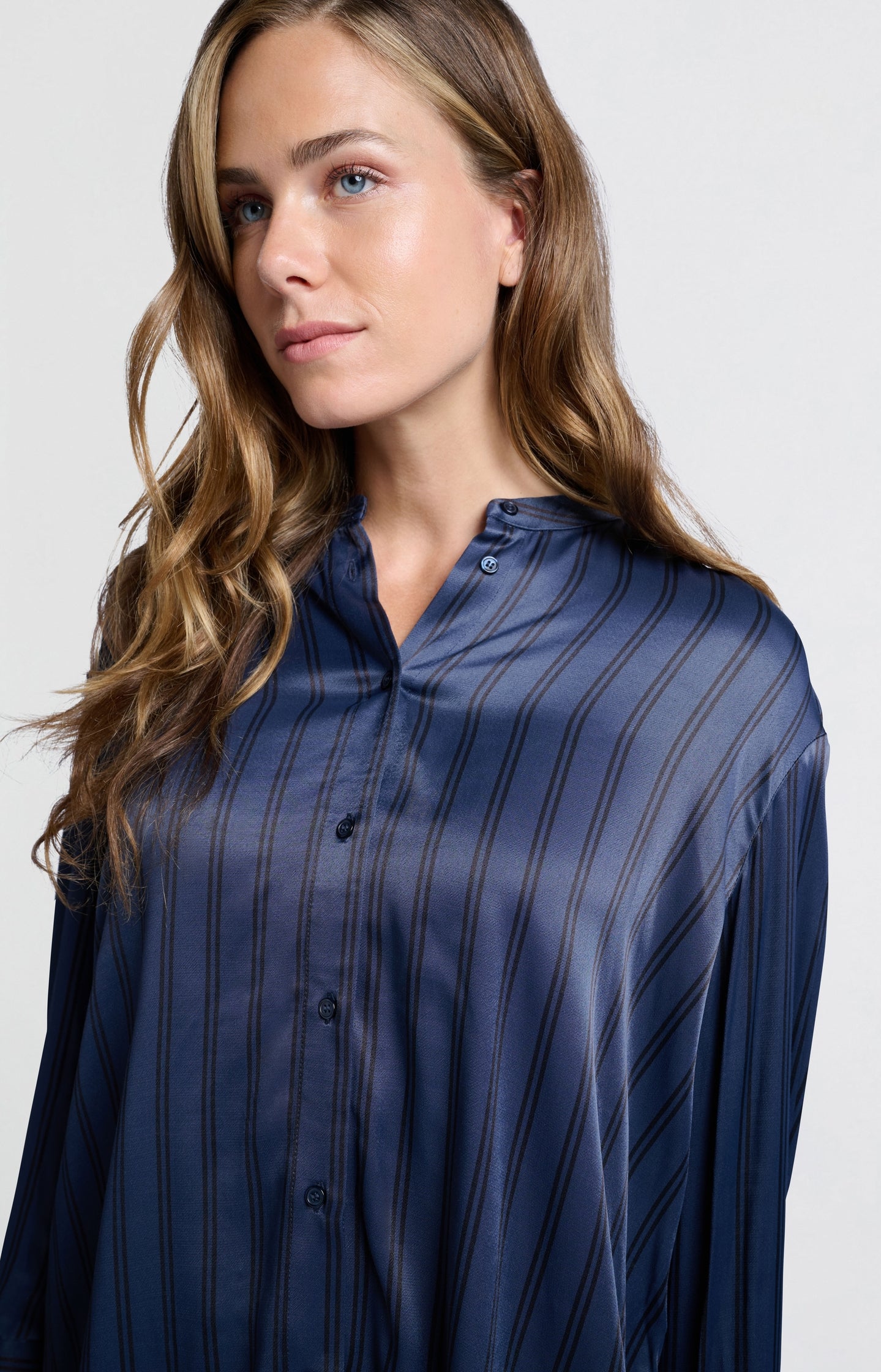 Satin blouse with stripes and high round collar