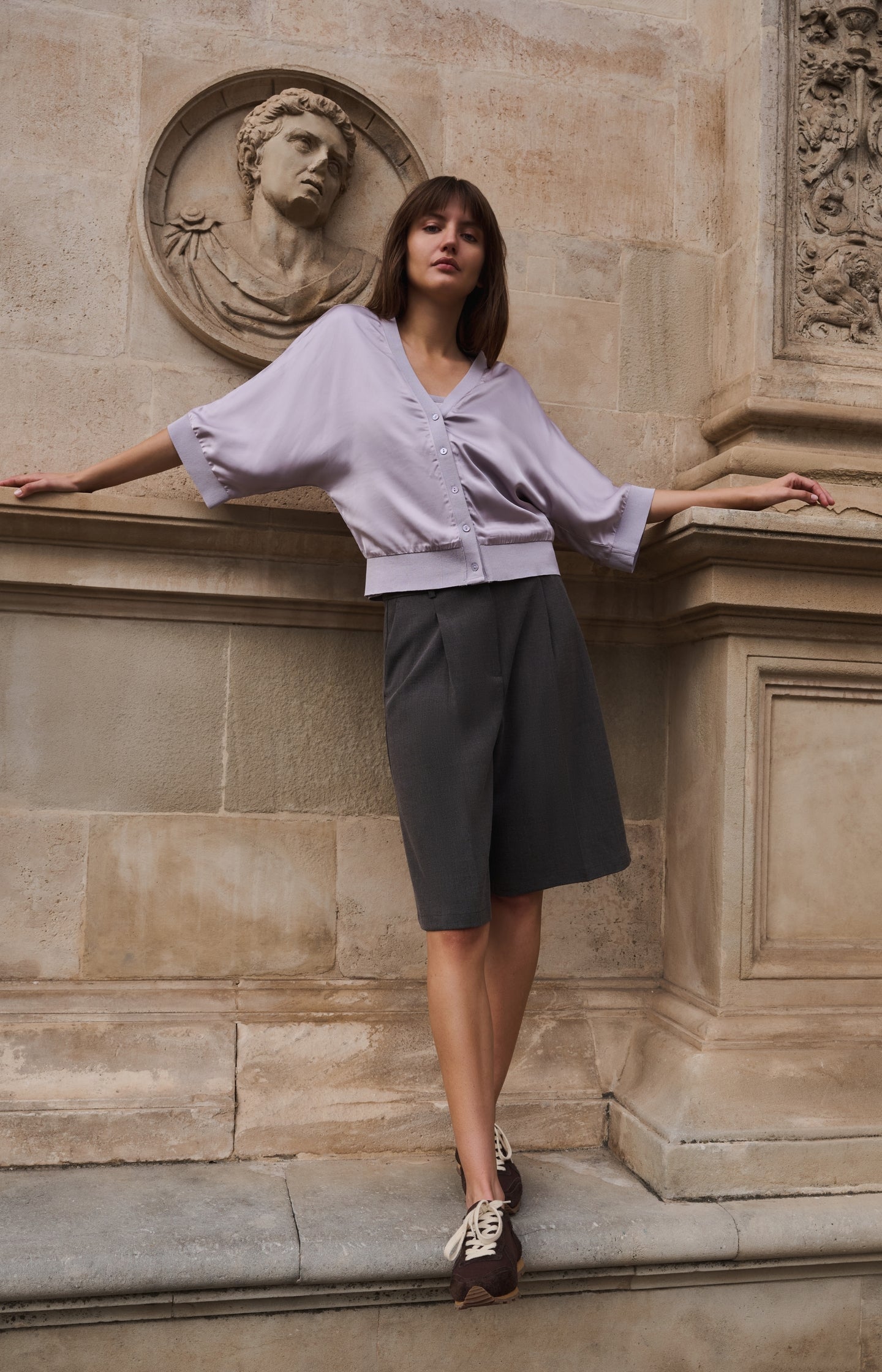 Satin cardigan with ribbed trims and wide sleeves