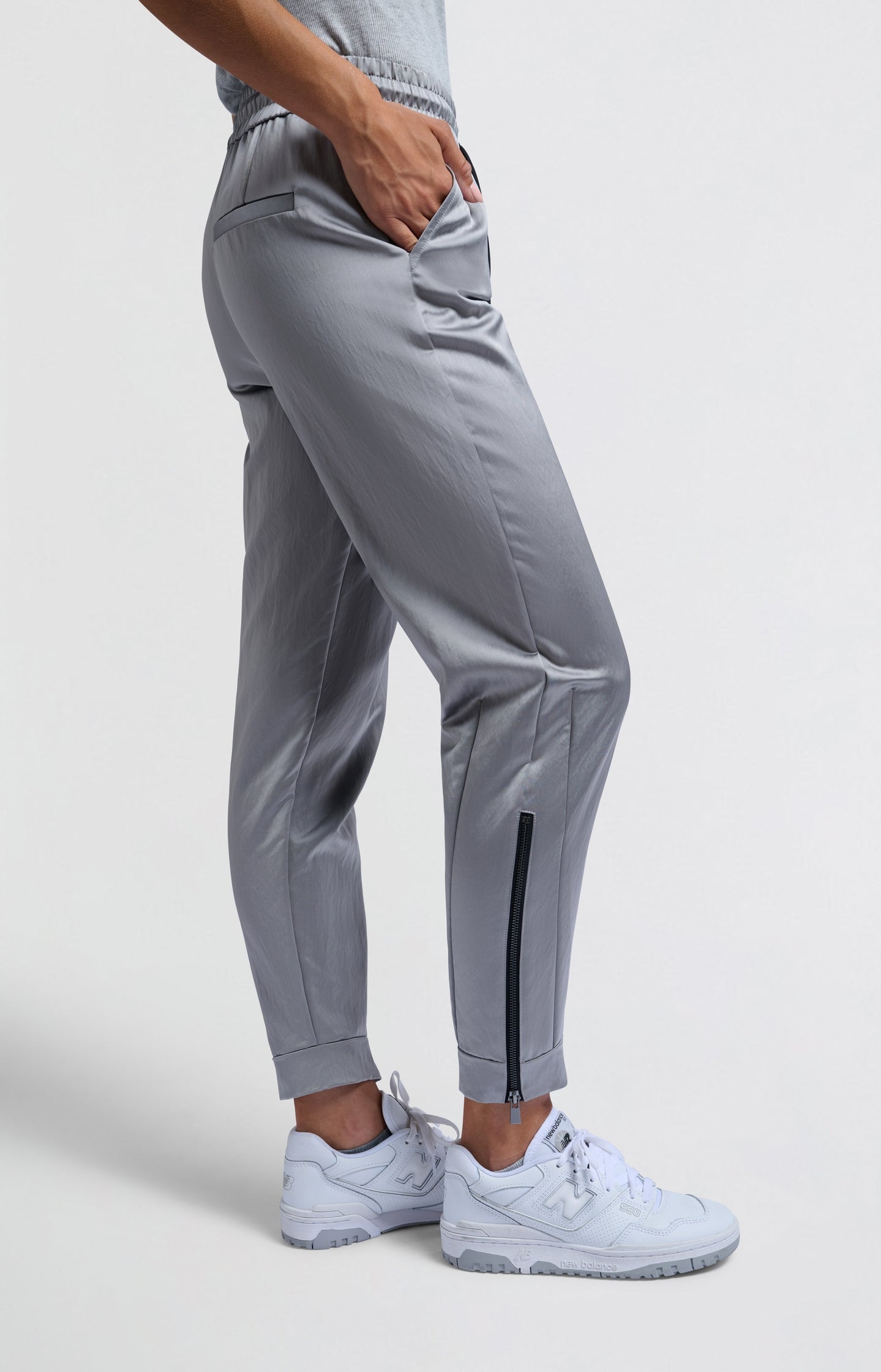 Satin joggers with zipper details and elastic waistband