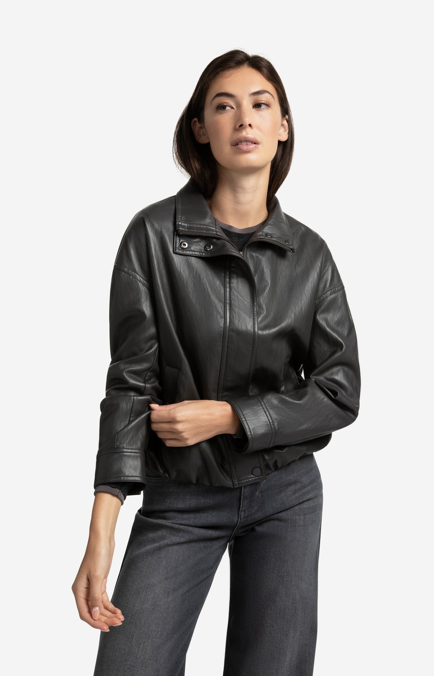 Short faux leather jacket with elastic hem - Type: lookbook