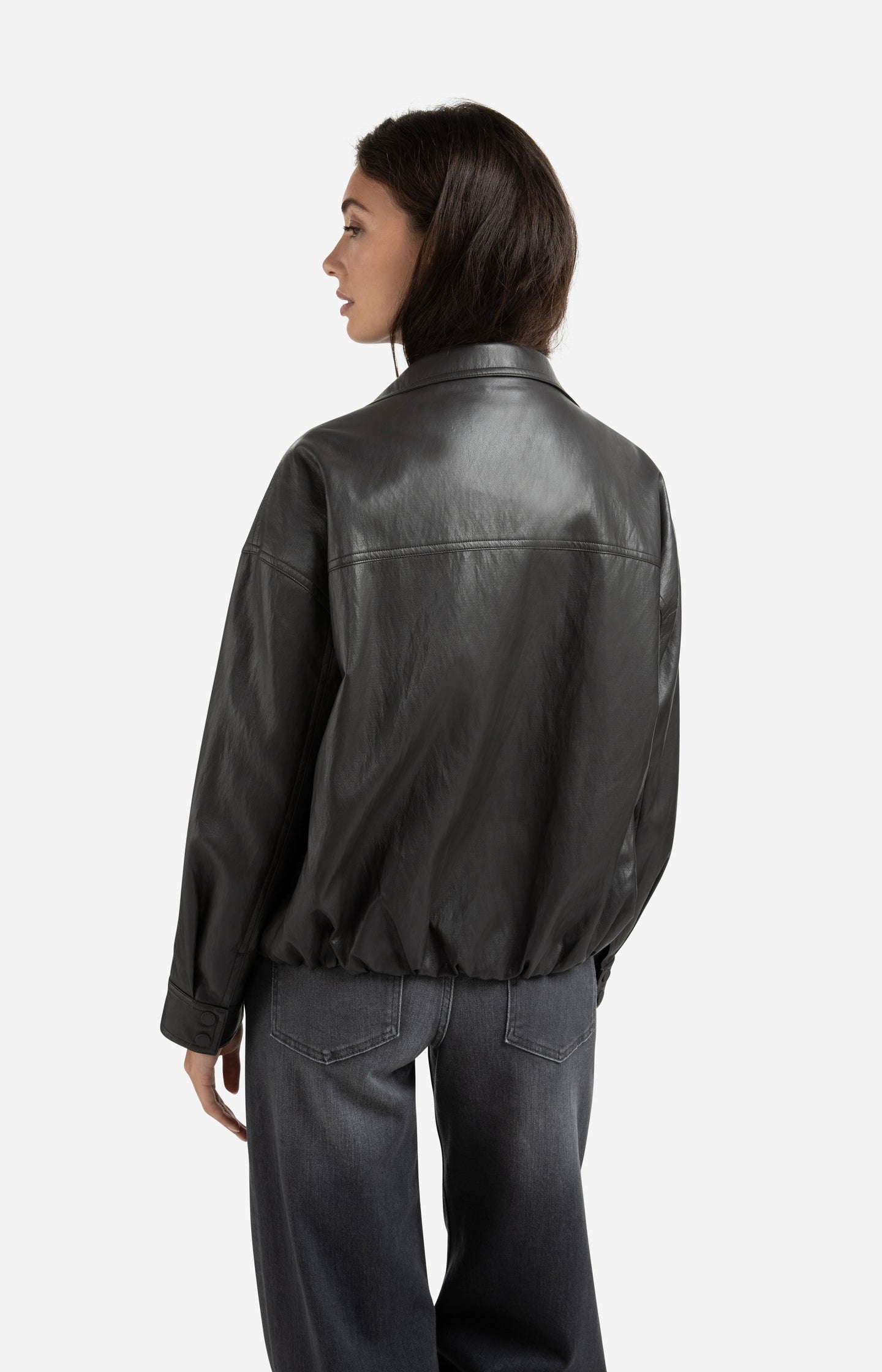 Short faux leather jacket with elastic hem
