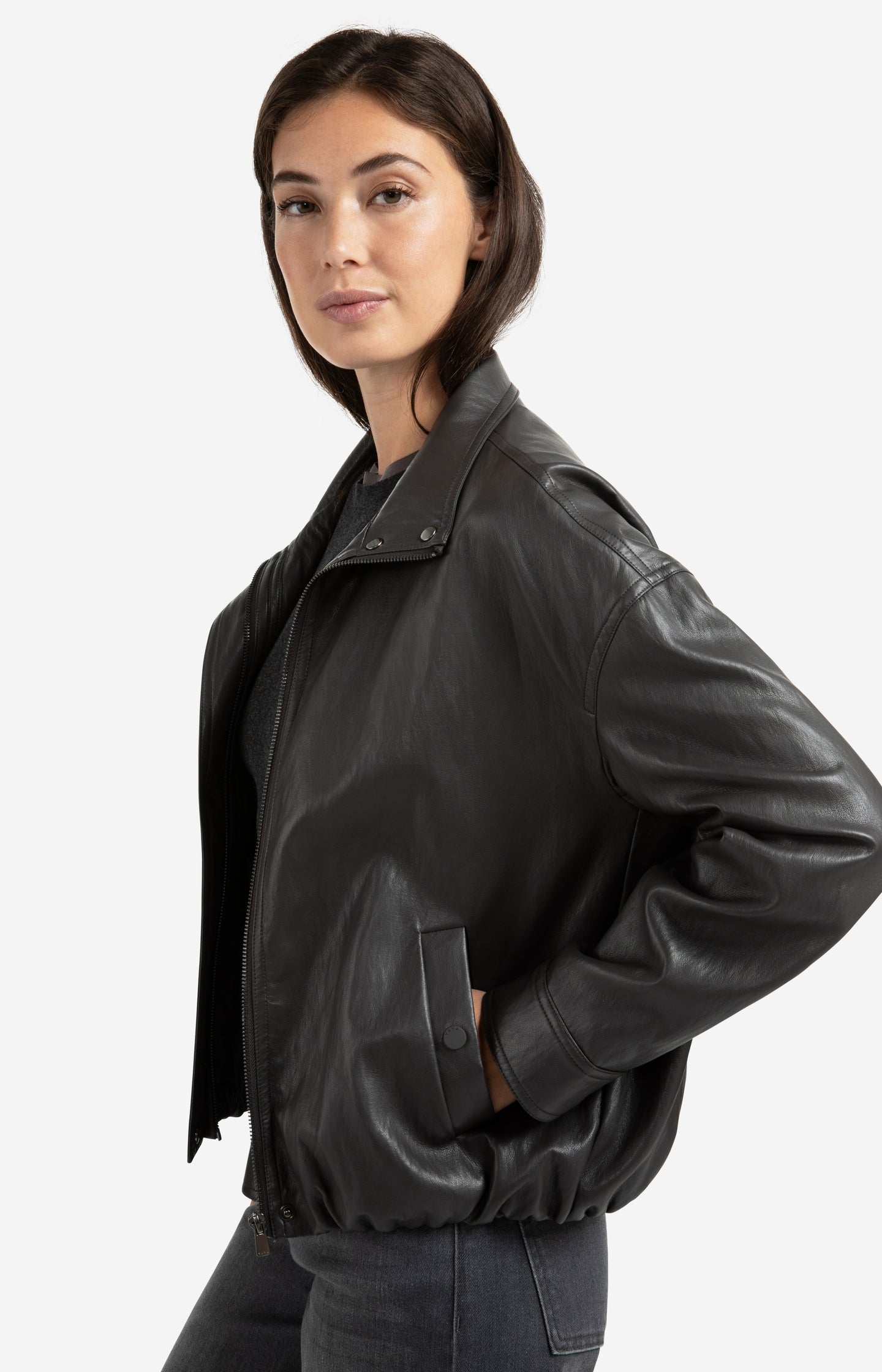 Short faux leather jacket with elastic hem