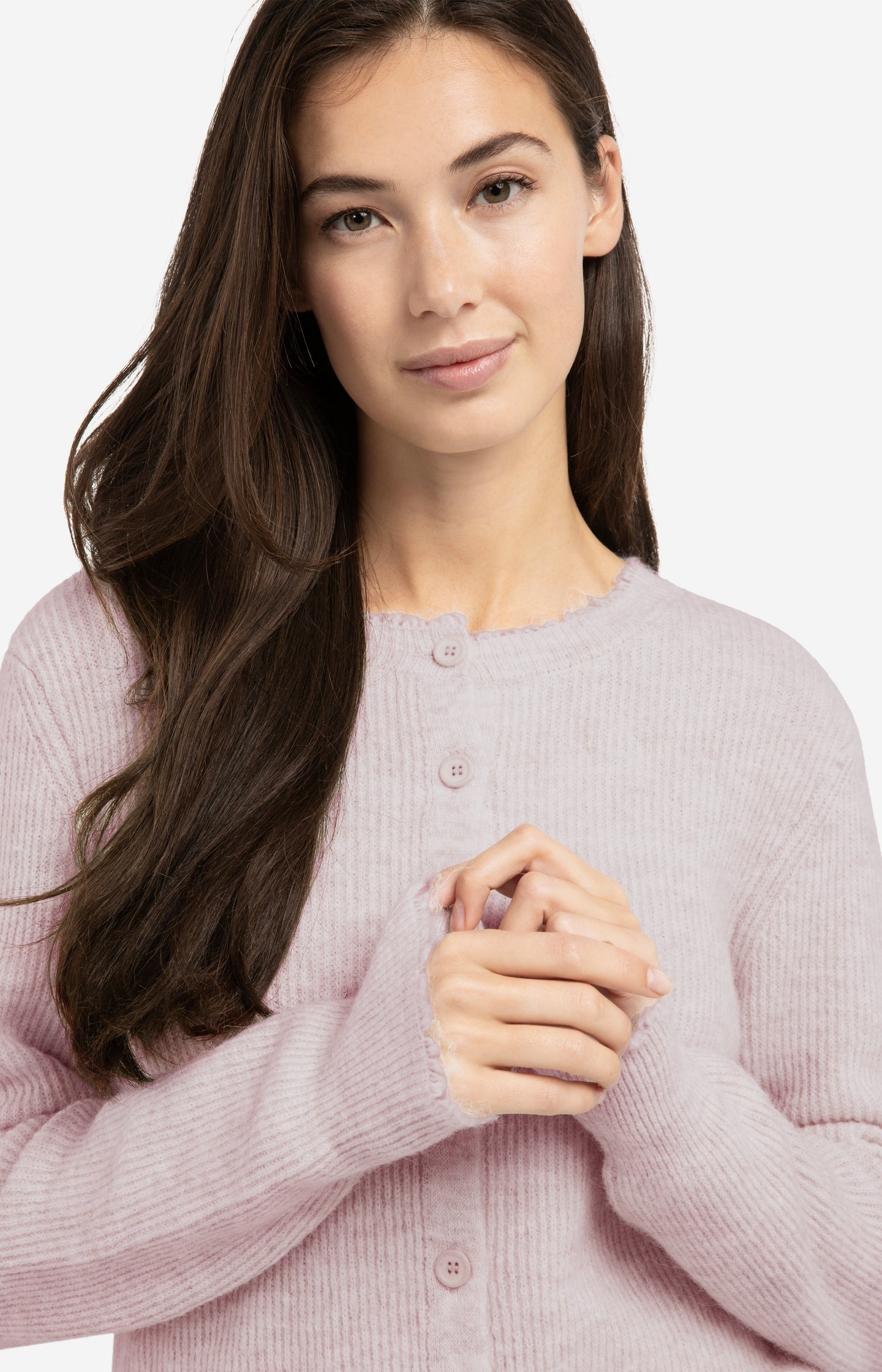 Short melange cardigan with refined trim details