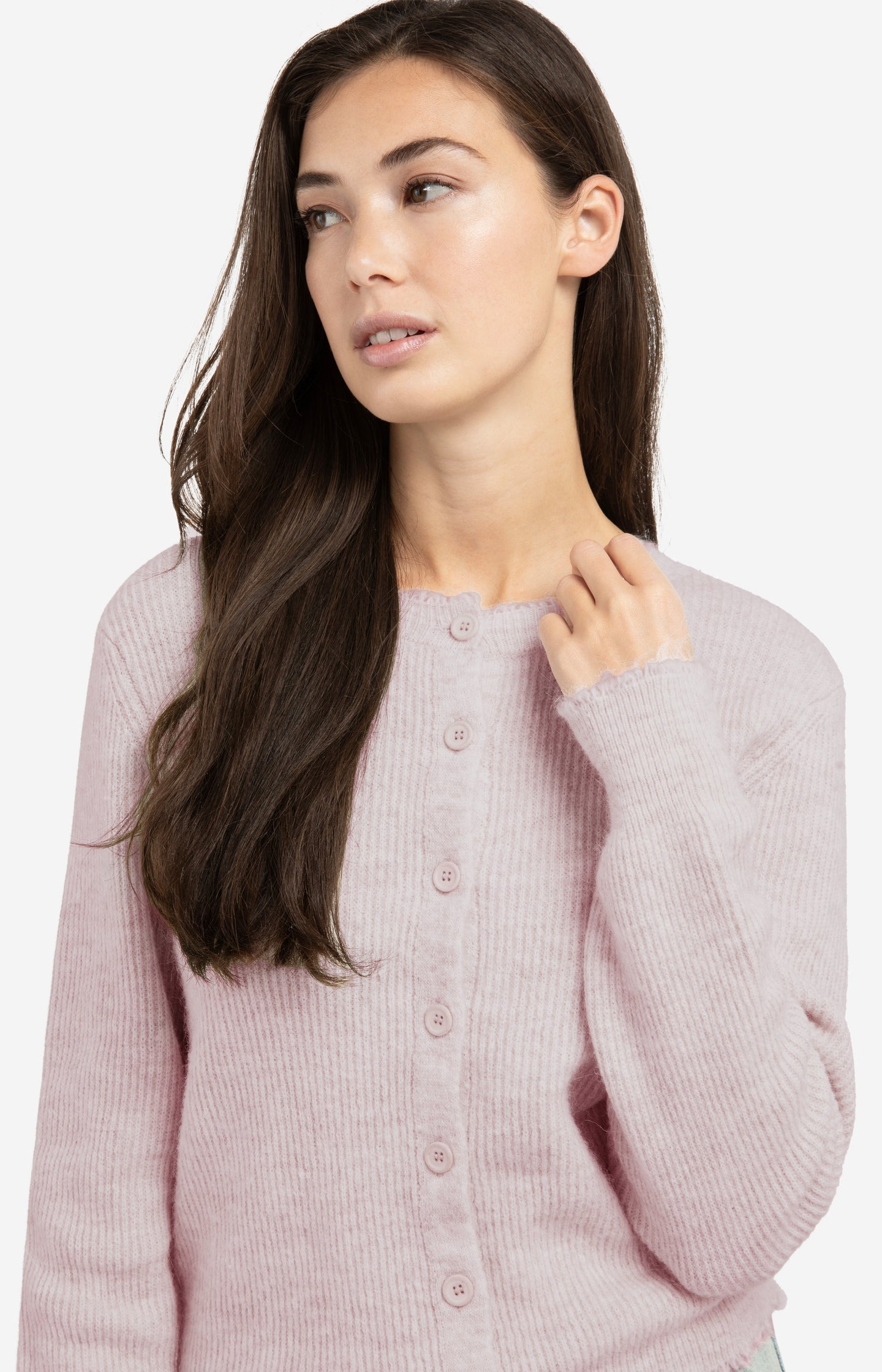 Short melange cardigan with refined trim details