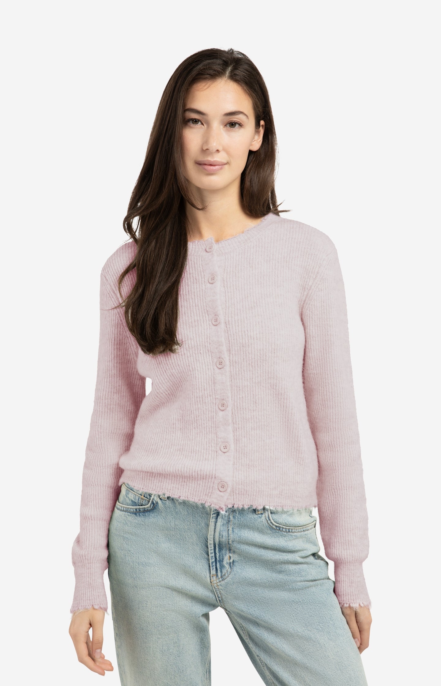 Short melange cardigan with refined trim details