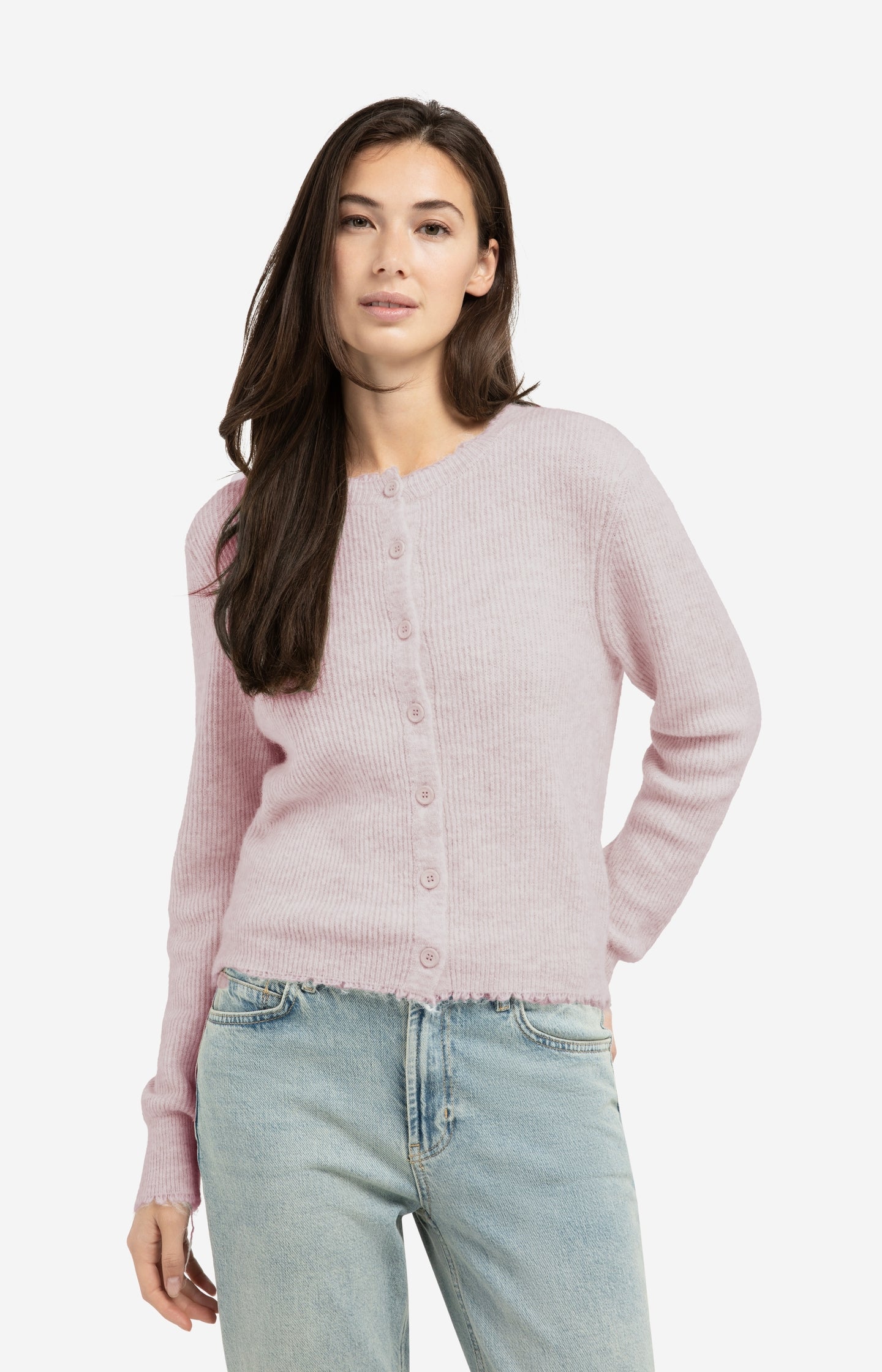 Short melange cardigan with refined trim details