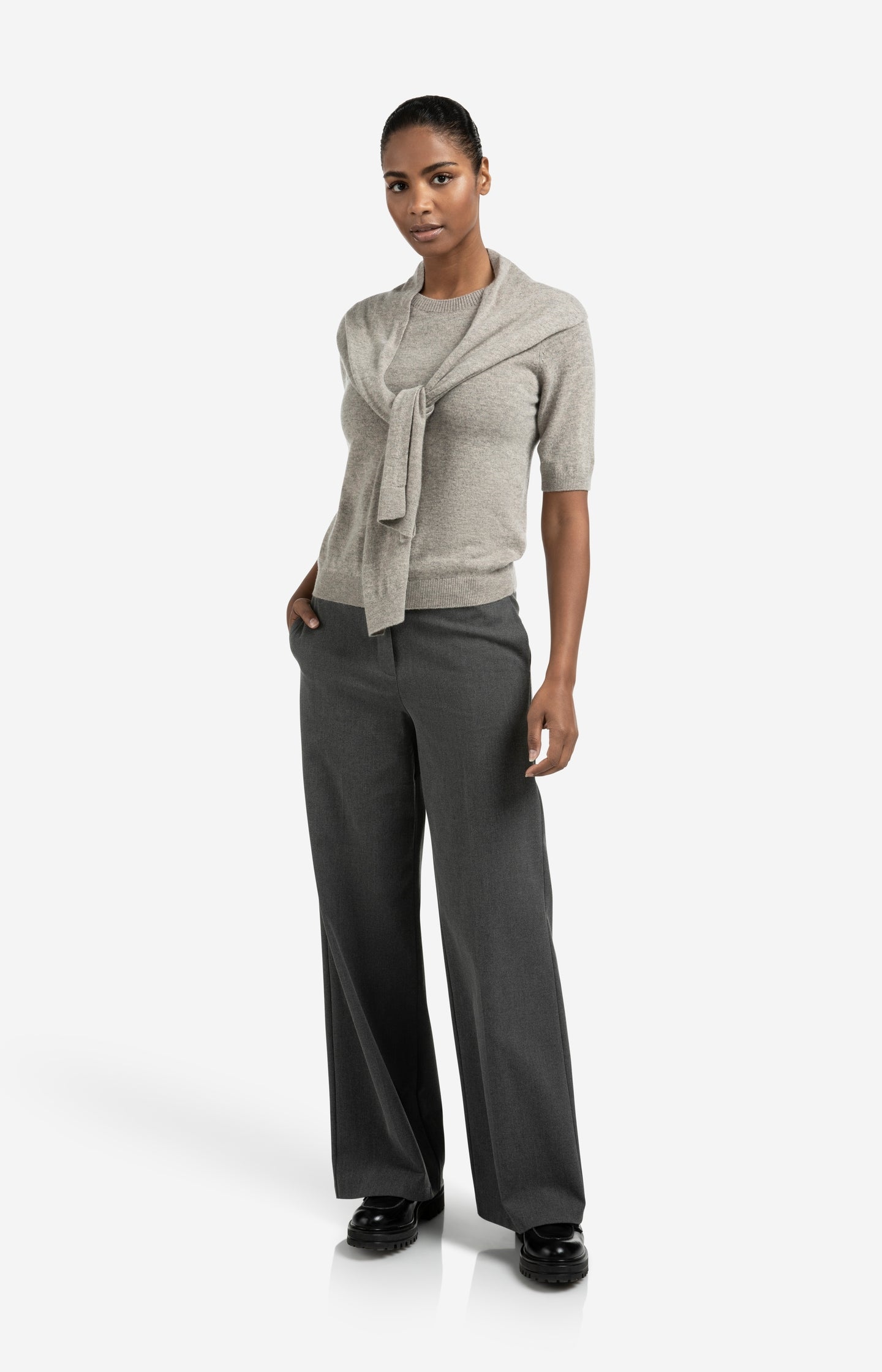 Short sleeve sweater with fixed scarf detail