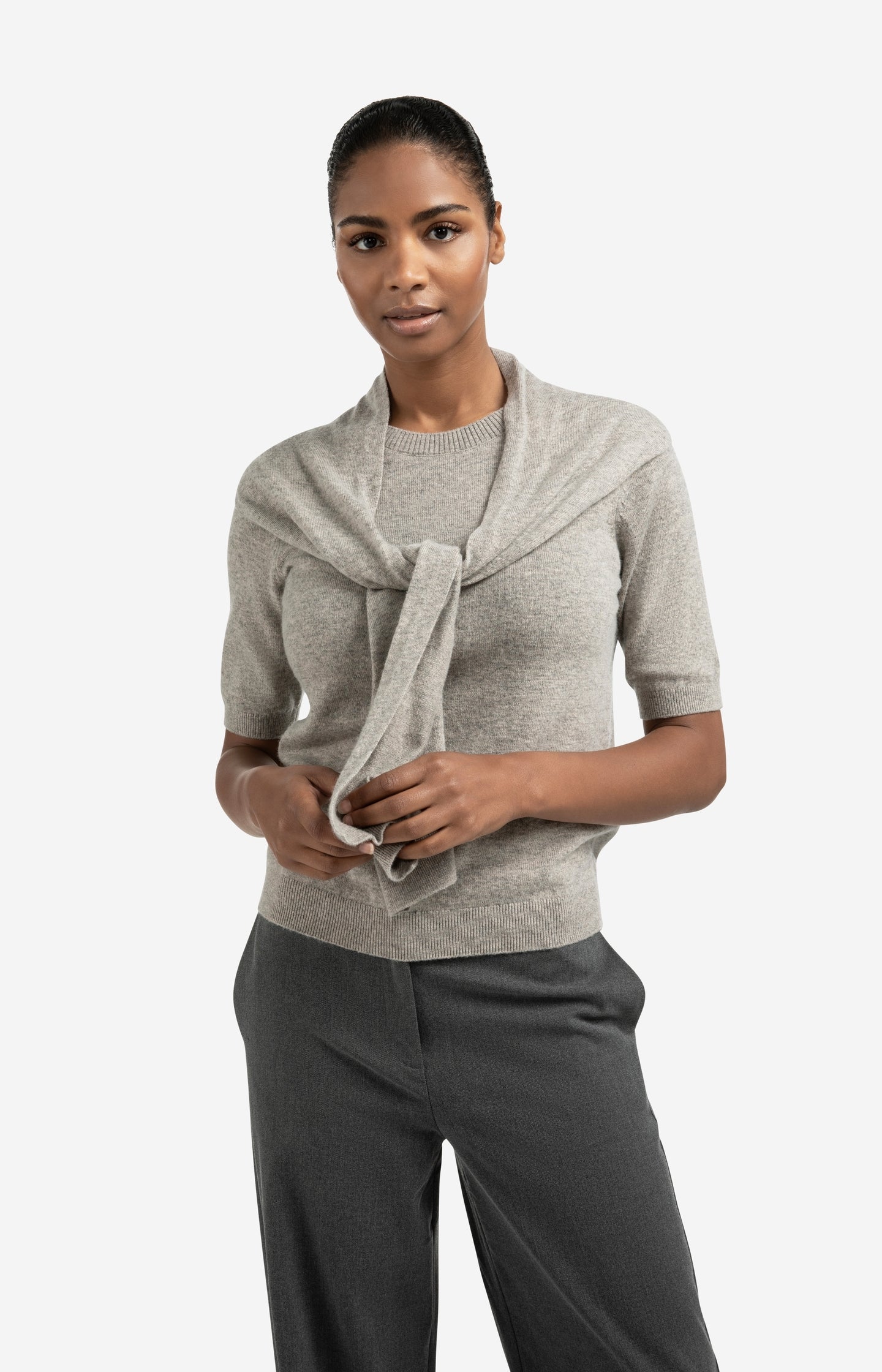 Short sleeve sweater with fixed scarf detail