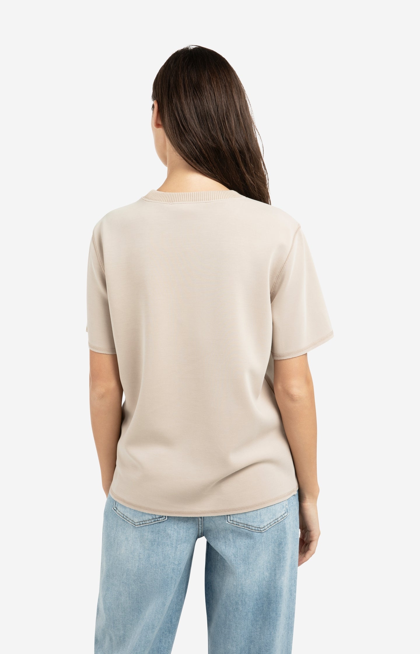 Short sleeve sweatshirt with ribbed knit neckline