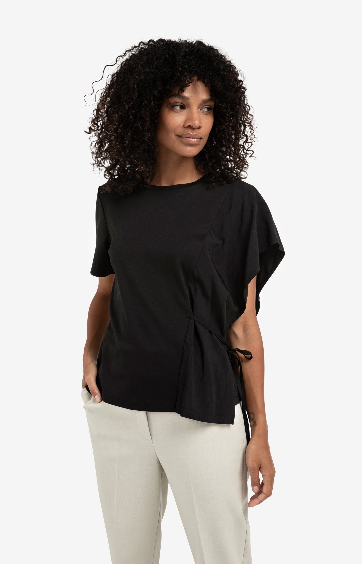 Short sleeve top with tie detail and fabric mix