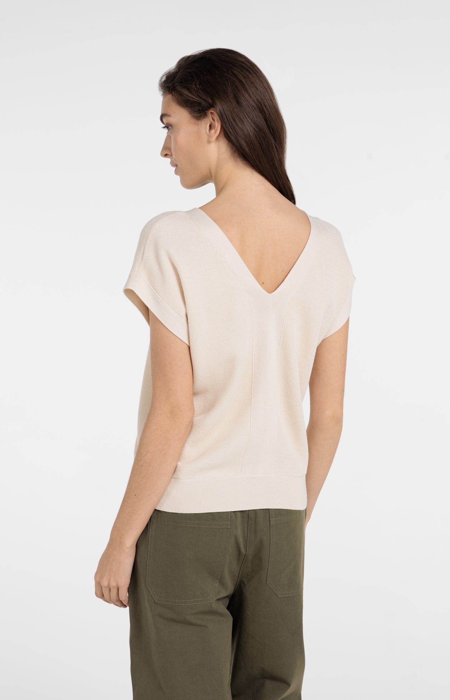 Short-sleeved sweater with double V-neck