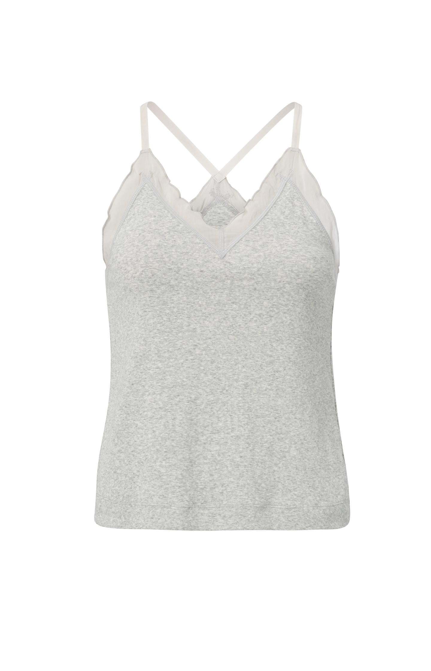 Singlet with woven details, V-neck, ruffles and cross straps - Type: product