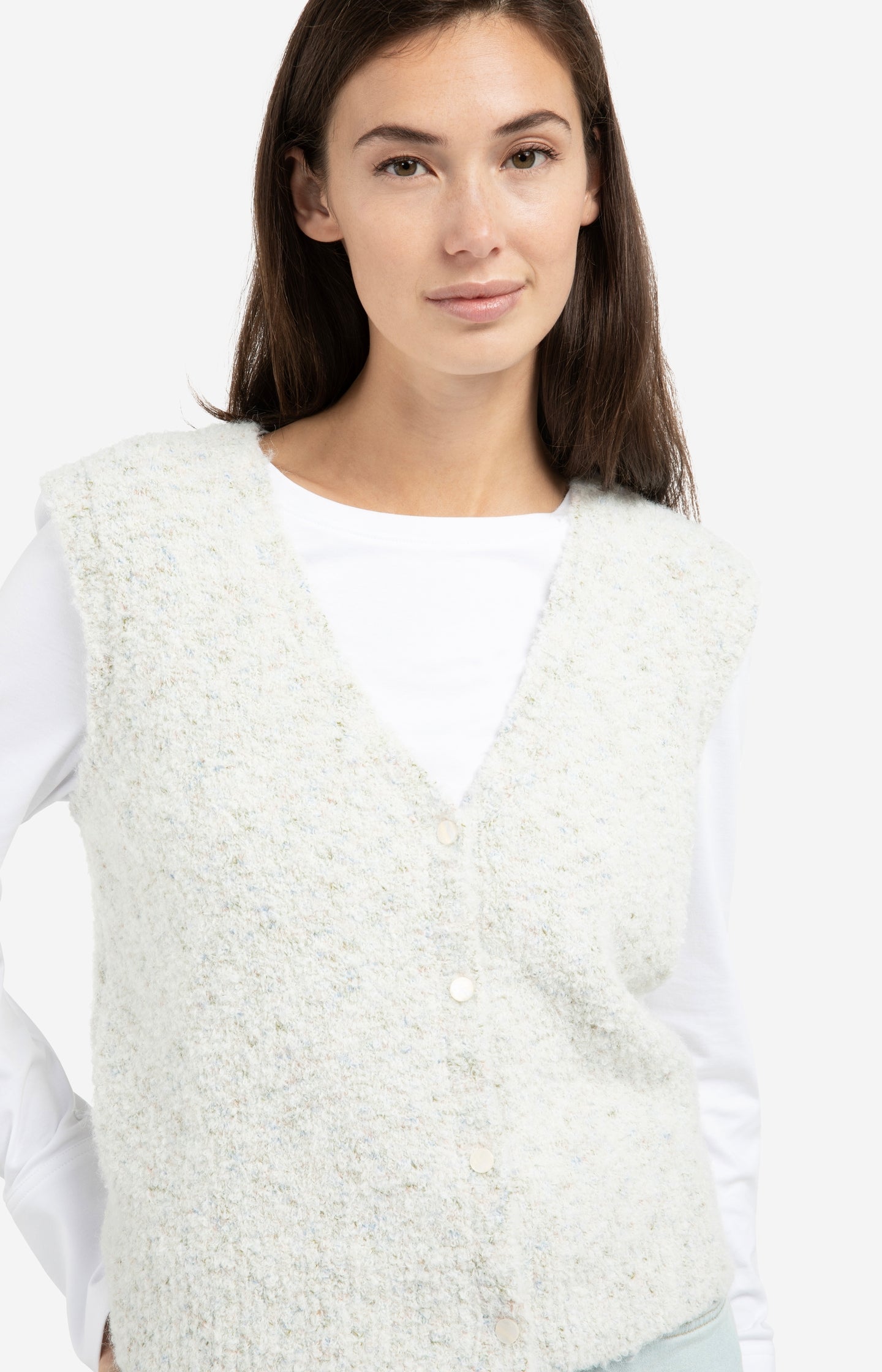 Sleeveless bouclé cardigan with buttons and color accents - Type: lookbook