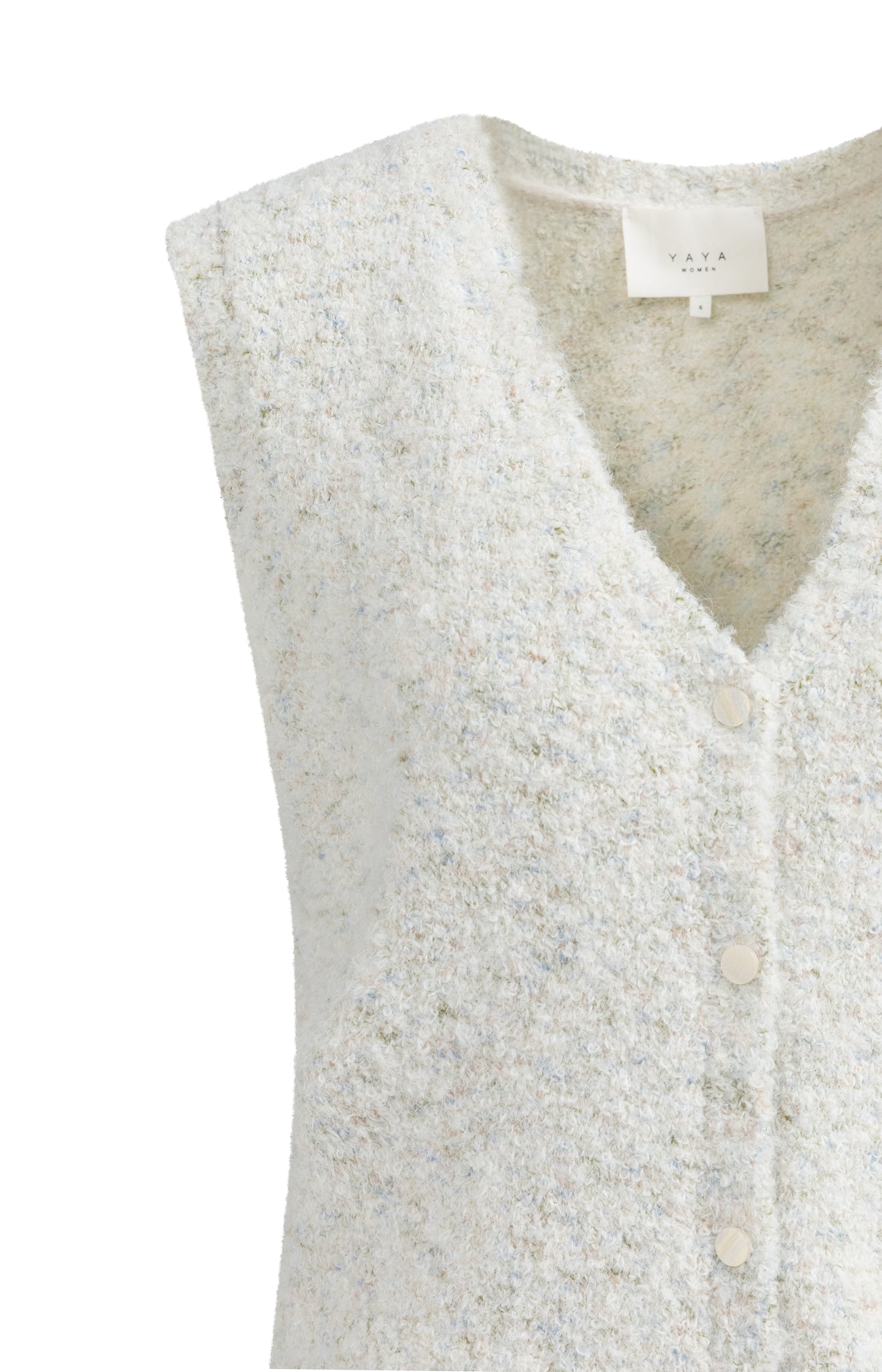 Sleeveless bouclé cardigan with buttons and color accents - Type: lookbook