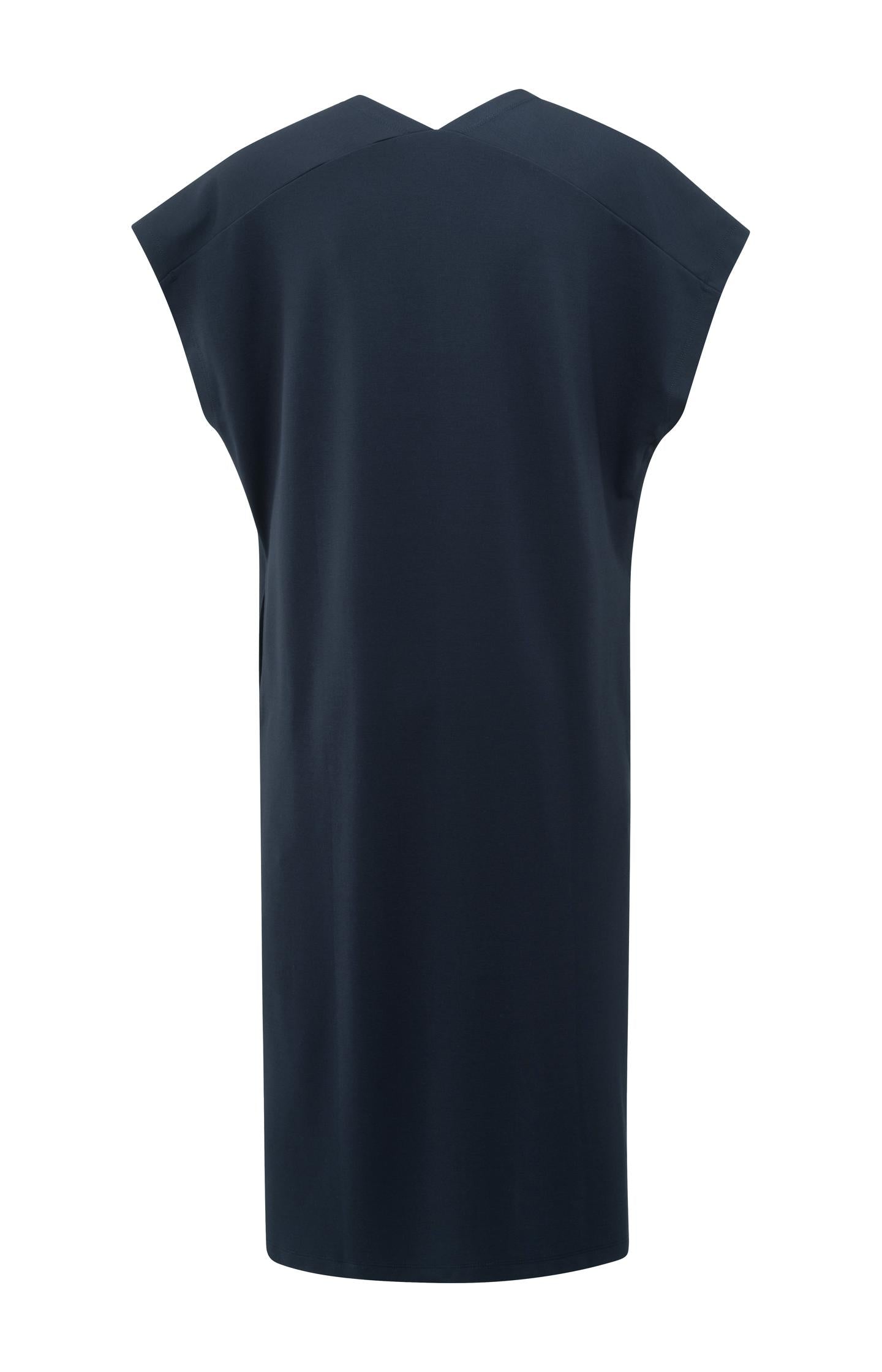 Sleeveless dress with double V-neck and front slit