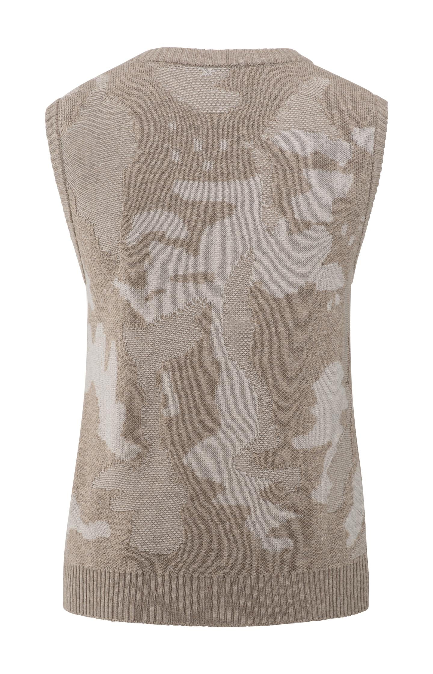 Grijsbruine mouwloze jacquard trui met abstract patroon en ronde hals, perfect voor laagjes YAYA