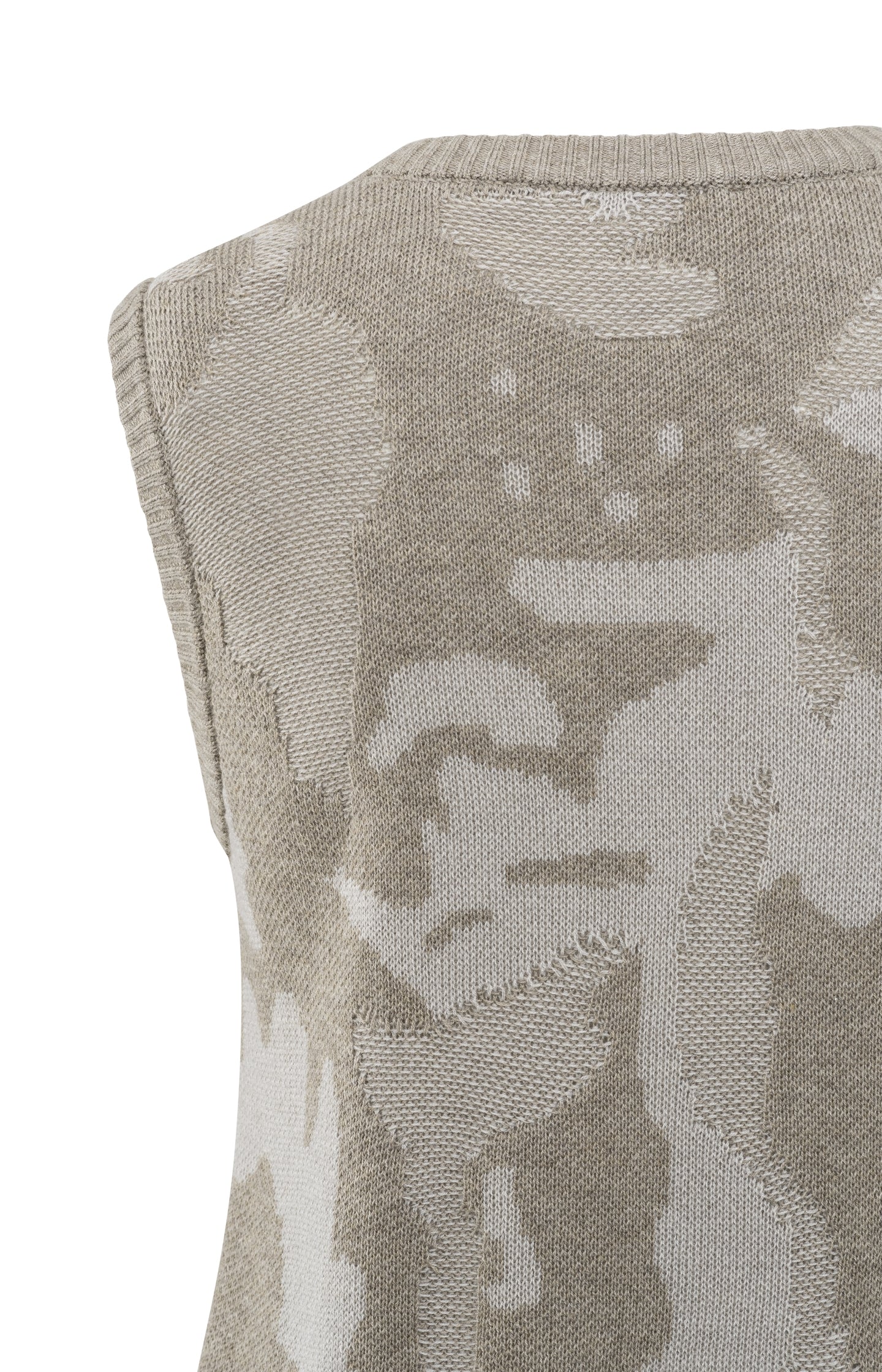 Grijsbruine mouwloze jacquard trui met abstract patroon en ronde hals, perfect voor laagjes YAYA