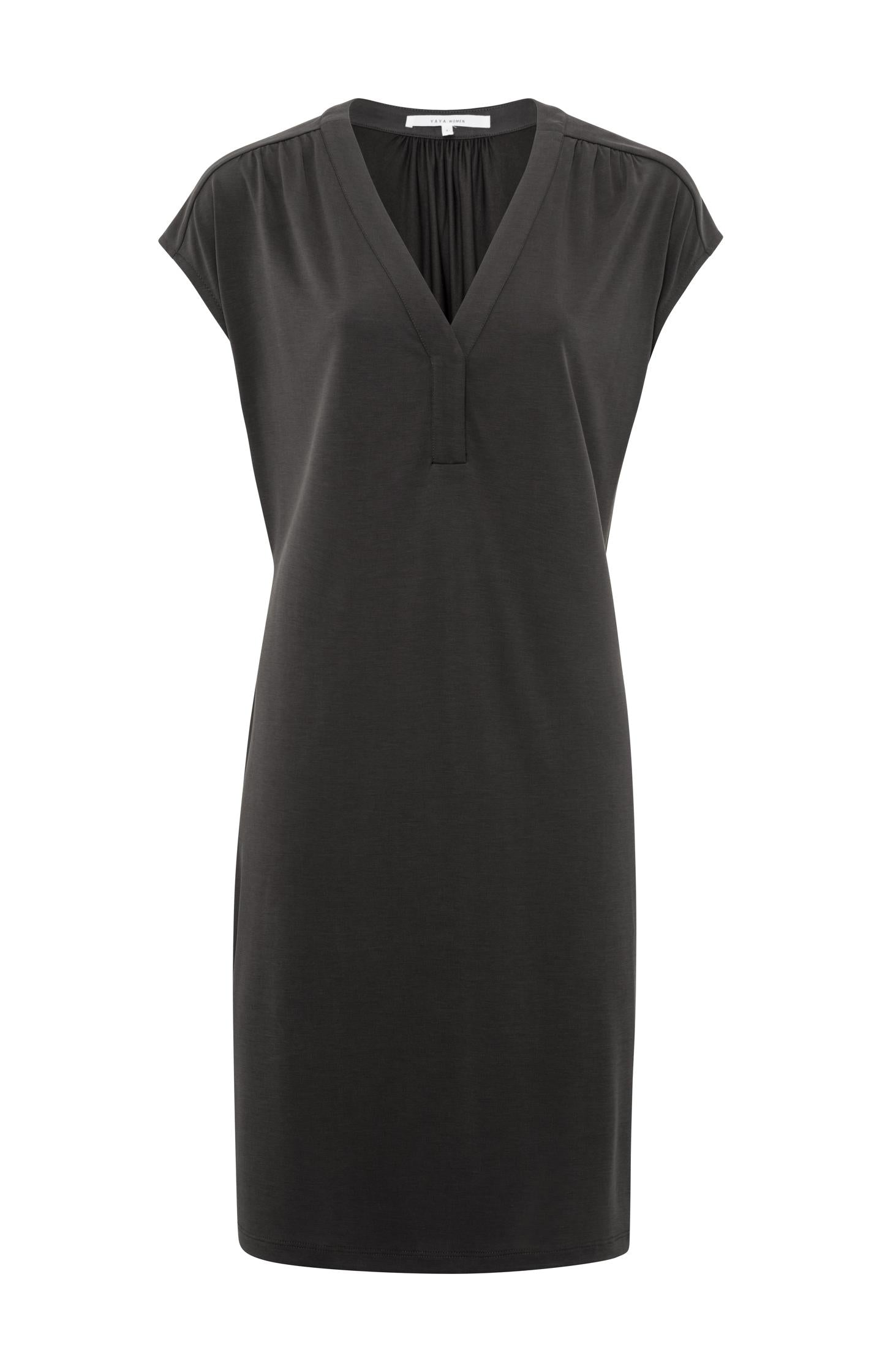 Sleeveless jersey dress with V-neck and pleated details - Licorice Black - Type: product