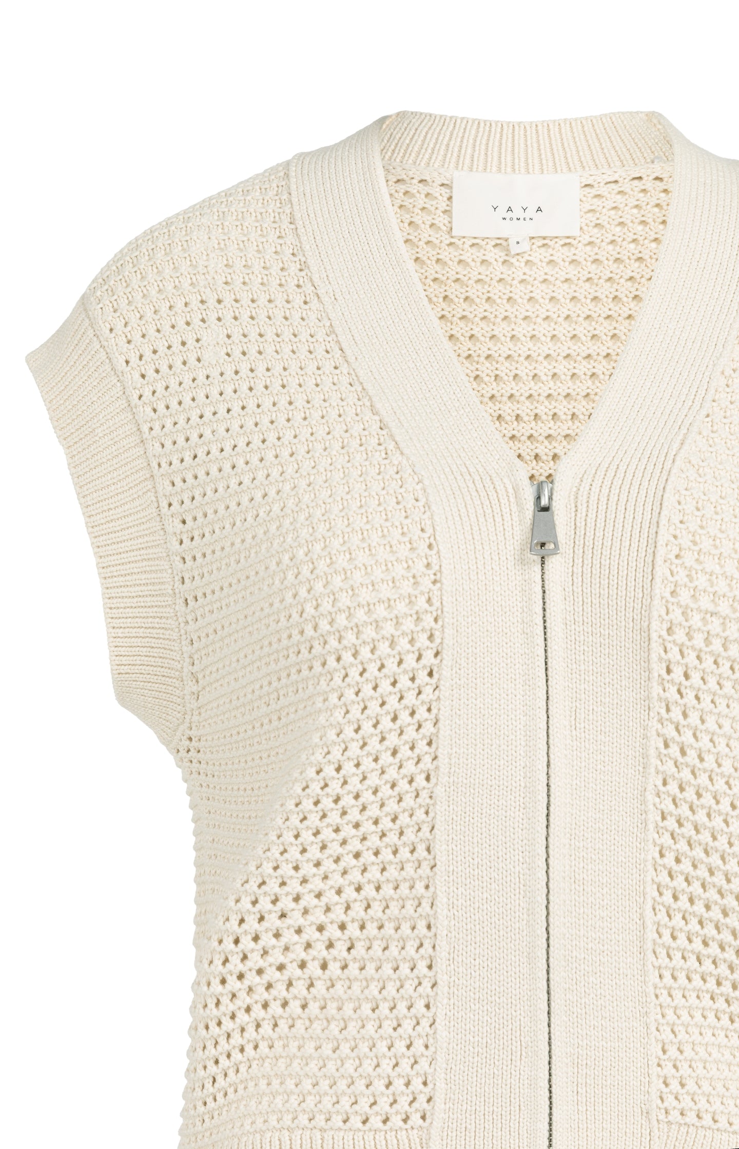 Mouwloos grofgebreid vest met rits en opengewerkt patroon