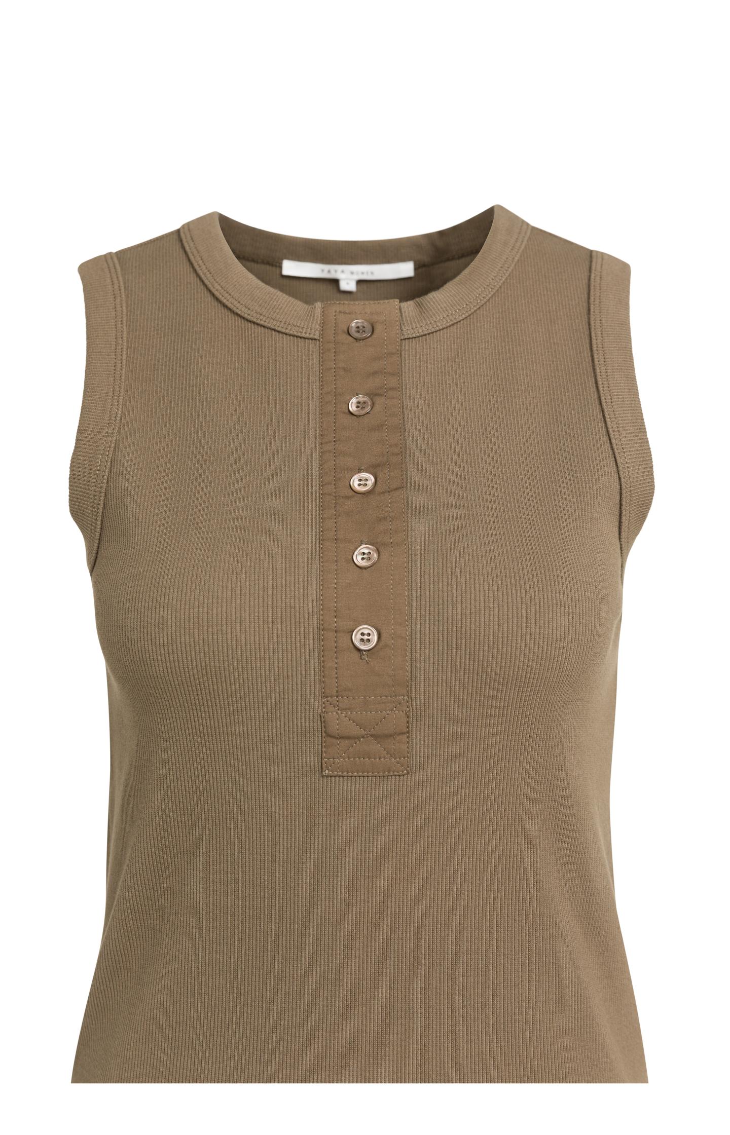 Sleeveless rib top with button placket