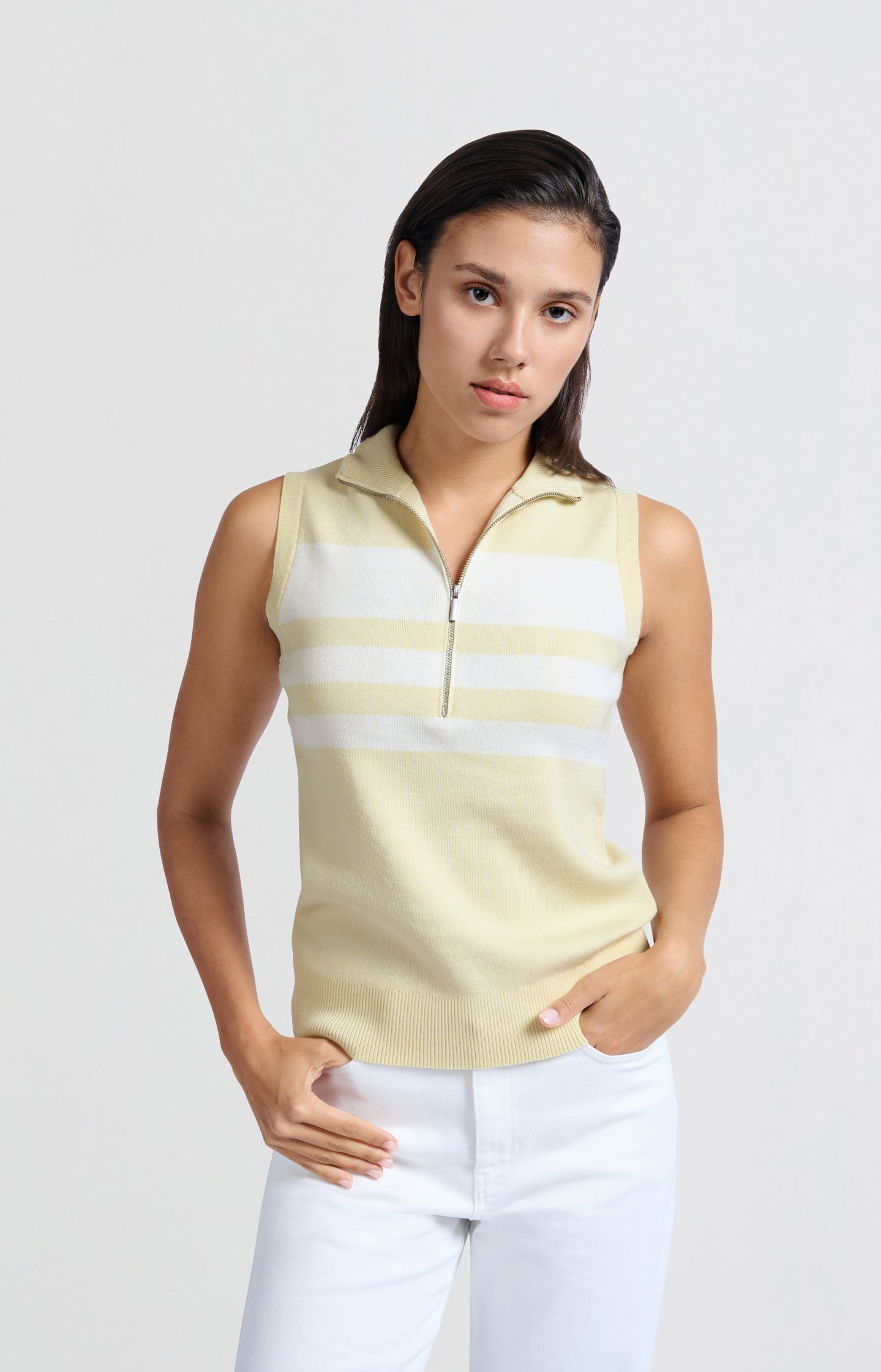 Sleeveless sweater with block stripes and half-zip