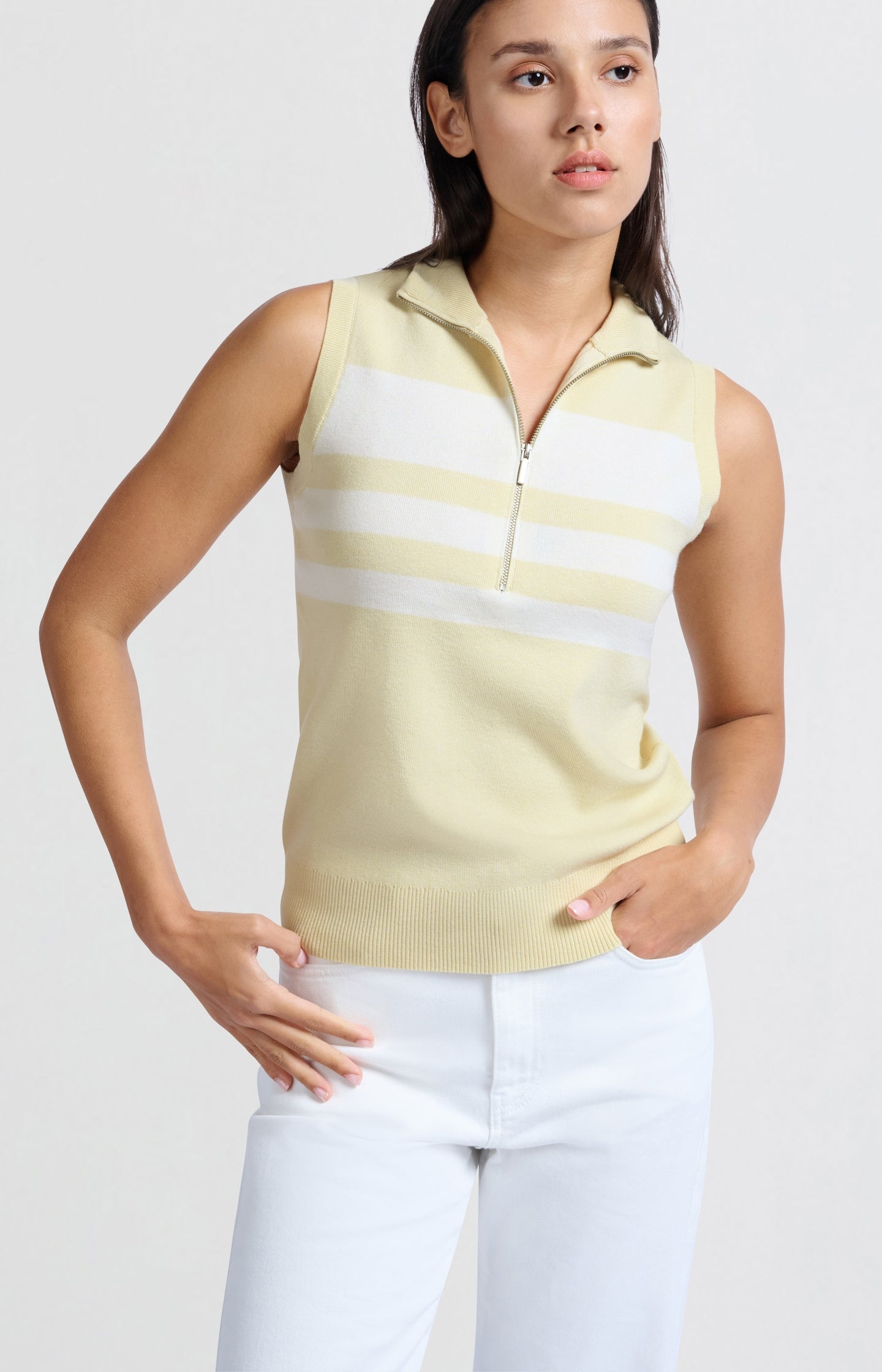 Sleeveless sweater with block stripes and half-zip