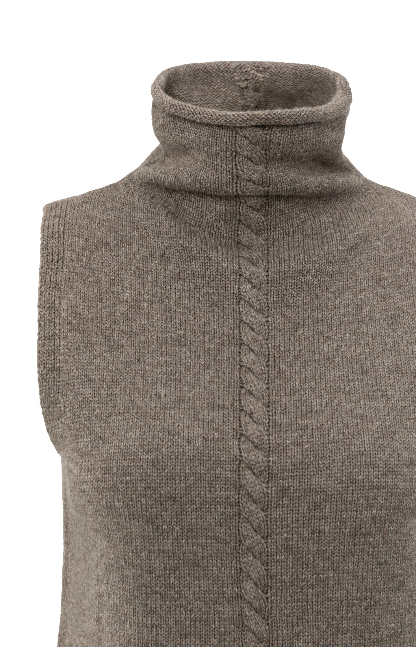 Sleeveless sweater with high neck and cable detail