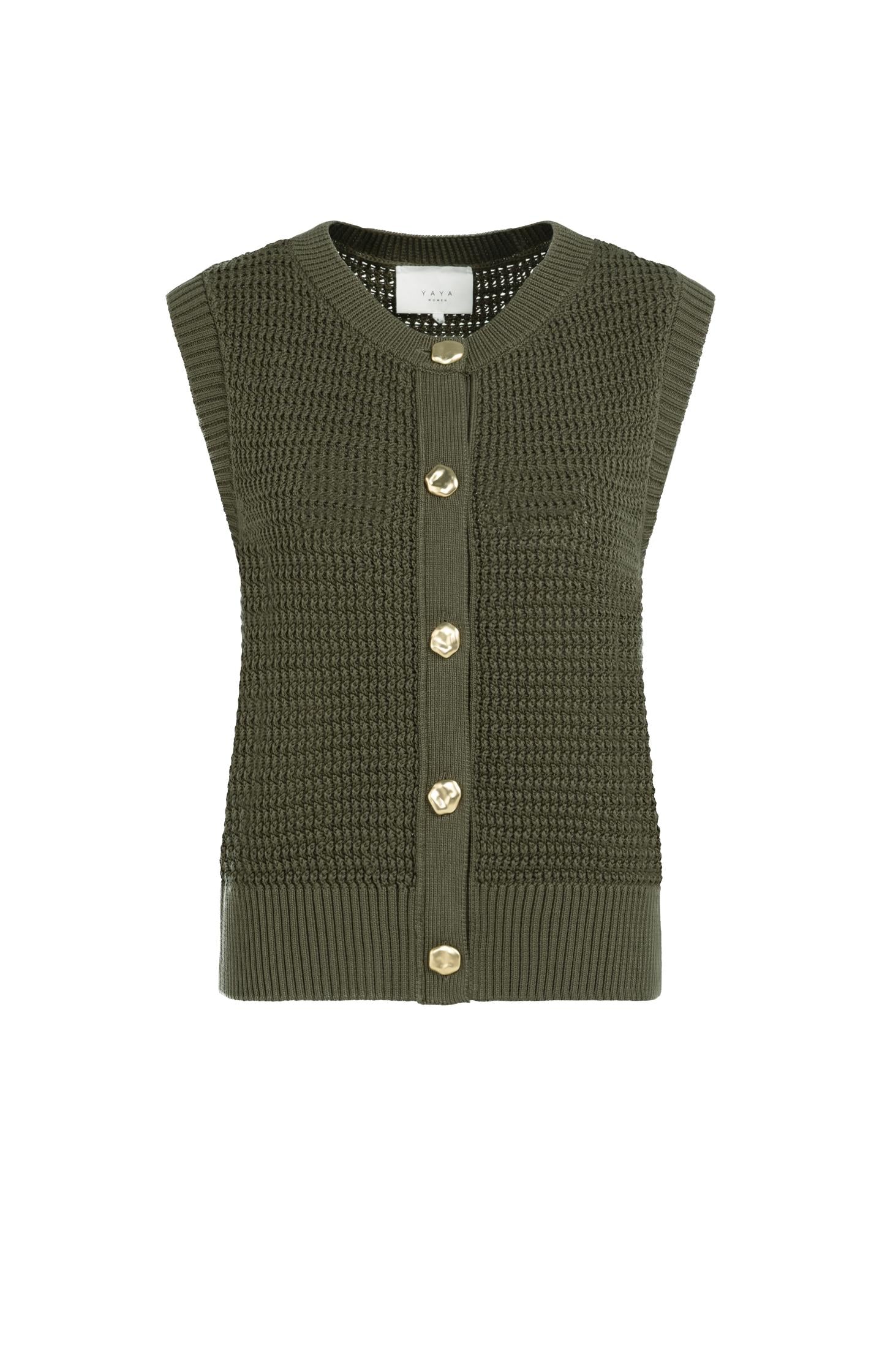 Mouwloos grofgebreid vest met goudkleurige knopen