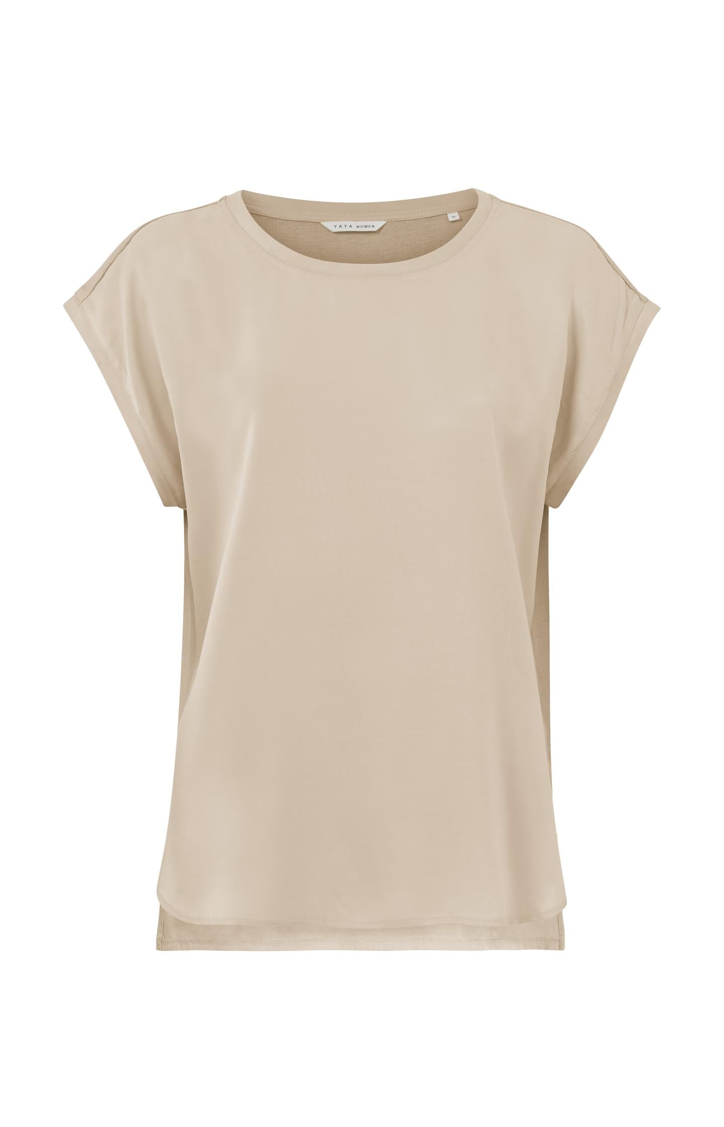 Sleeveless top with round neck in fabric mix