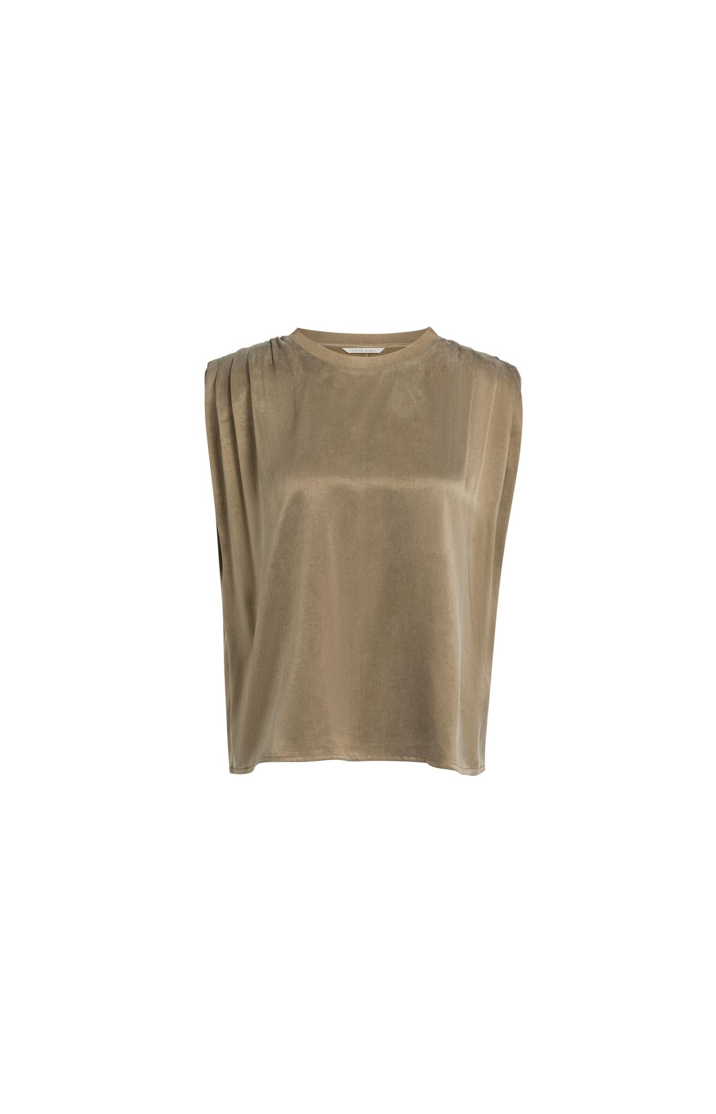 Sleeveless top with shoulder pleats