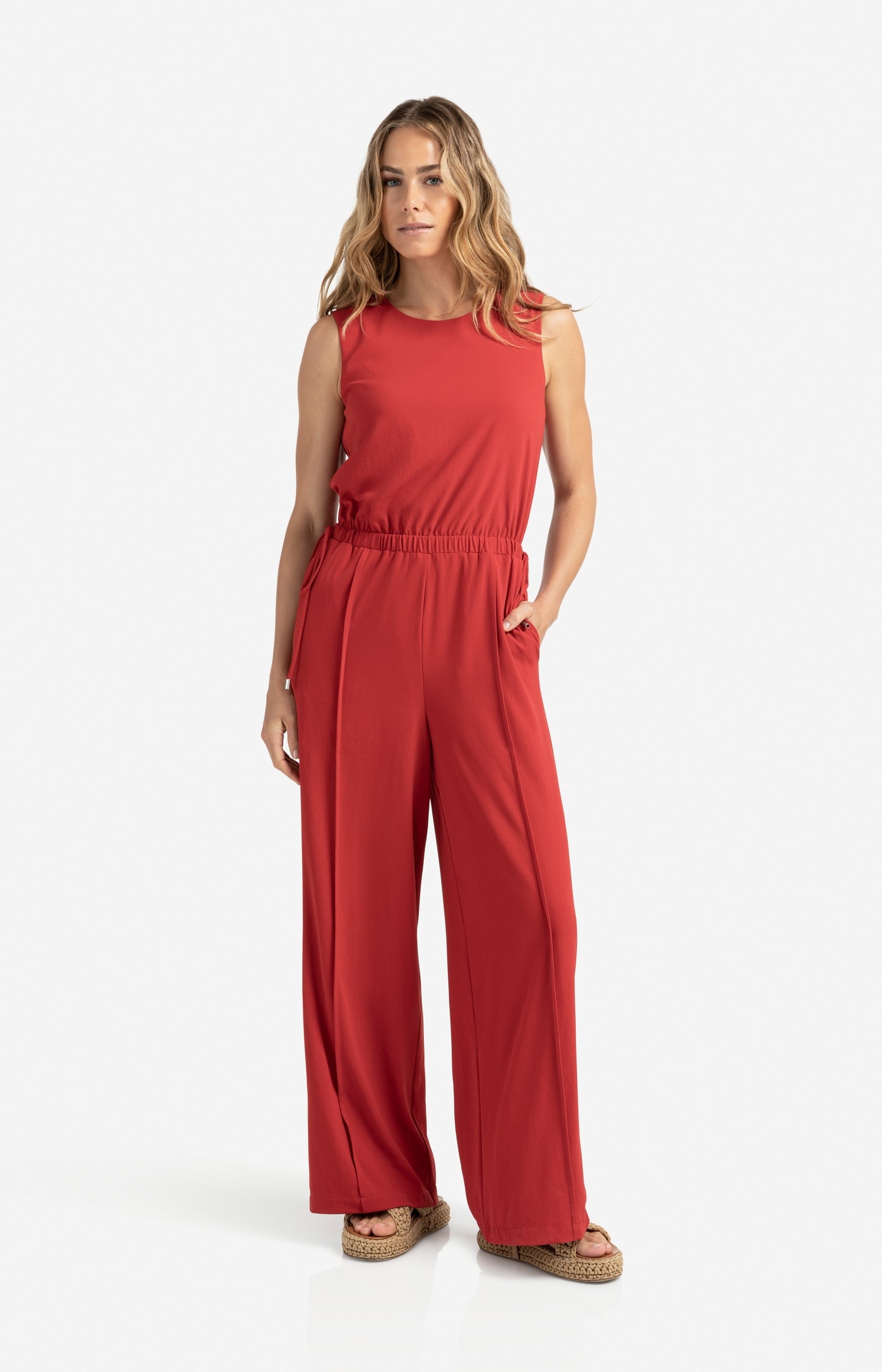 Sleeveless woven jumpsuit with cord detail